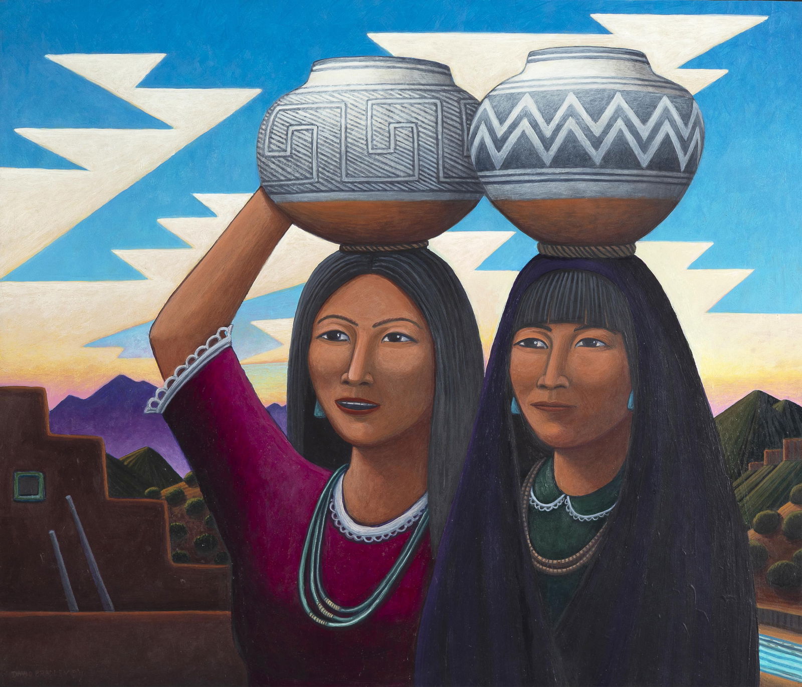 David P. Bradley, Pueblo Sisters, 2011: David P. BradleyChippewa, b. 1954Pueblo Sisters, 2011acrylic on boardsigned and dated lower left: DAVID BRADLEY © '11inscribed verso: "Pueblo Sisters" / © 2011 David Bradley / Acrylic / on / board22