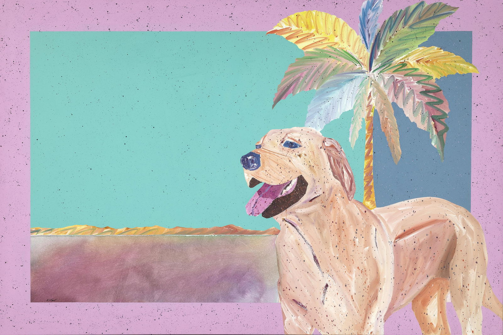 Dan Vigil, Bogie at the Beach, 1989: Dan Vigil b. 1950 Bogie at the Beach, 1989 acrylic on canvas inscribed verso: 40x60 DV 89 508 "BOGIE AT THE BEACH" / D. Vigil © 40 x 59 3/4 in. (101.6 x 151.8 cm.) Private Collection, Illinois 