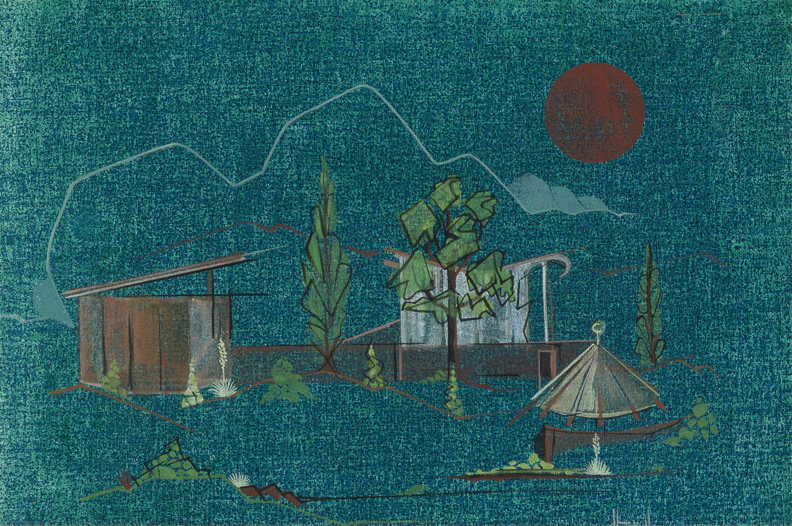 David Chethlahe Paladin, Santa Fe Opera: David Chethlahe Paladin Diné (Navajo), 1926 - 1984 Santa Fe Opera mixed media on paper 10 x 15 in. (25.4 x 38.1 cm.), frame: 16 x 20 1/8 x 0 3/4 in. (40.6 x 51.1 x 1.9 cm.) Collector's Gallery,