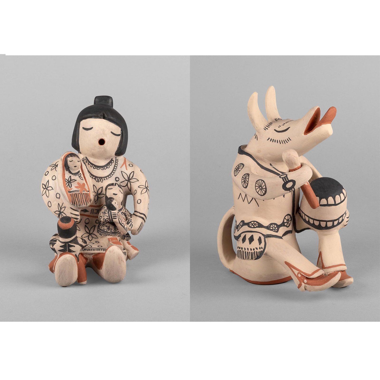 Stephanie [Snowflake Flower] Rhoades, Two Polychrome Pottery Figurines: Storyteller with Four (1 of 9)
