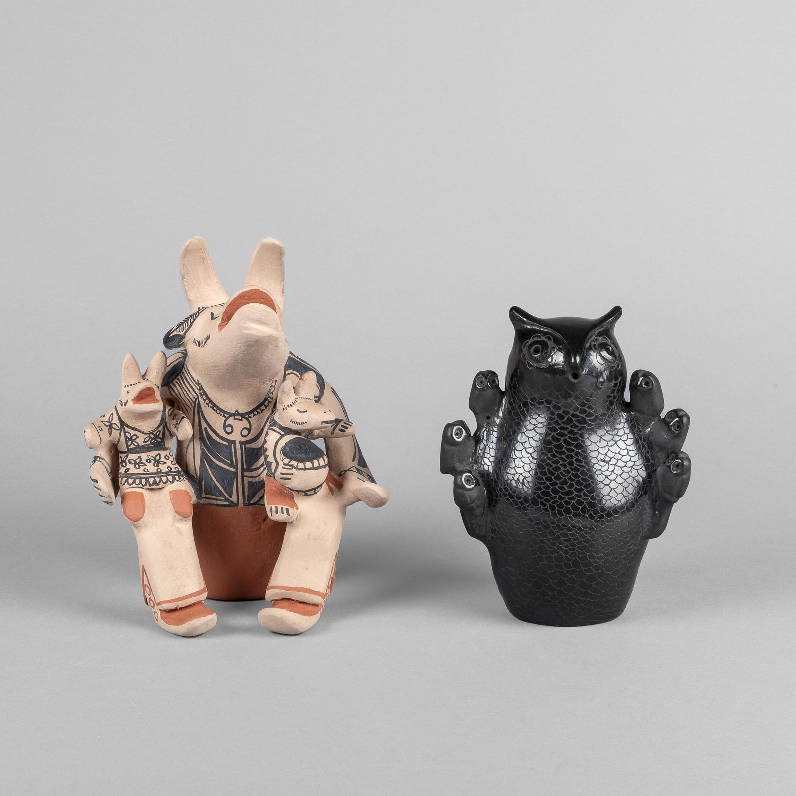 Stephanie [Snowflake Flower] Rhoades + Maria I. Naranjo, Two Animal Storytellers: Coyote + Owl, ca. (1 of 4)