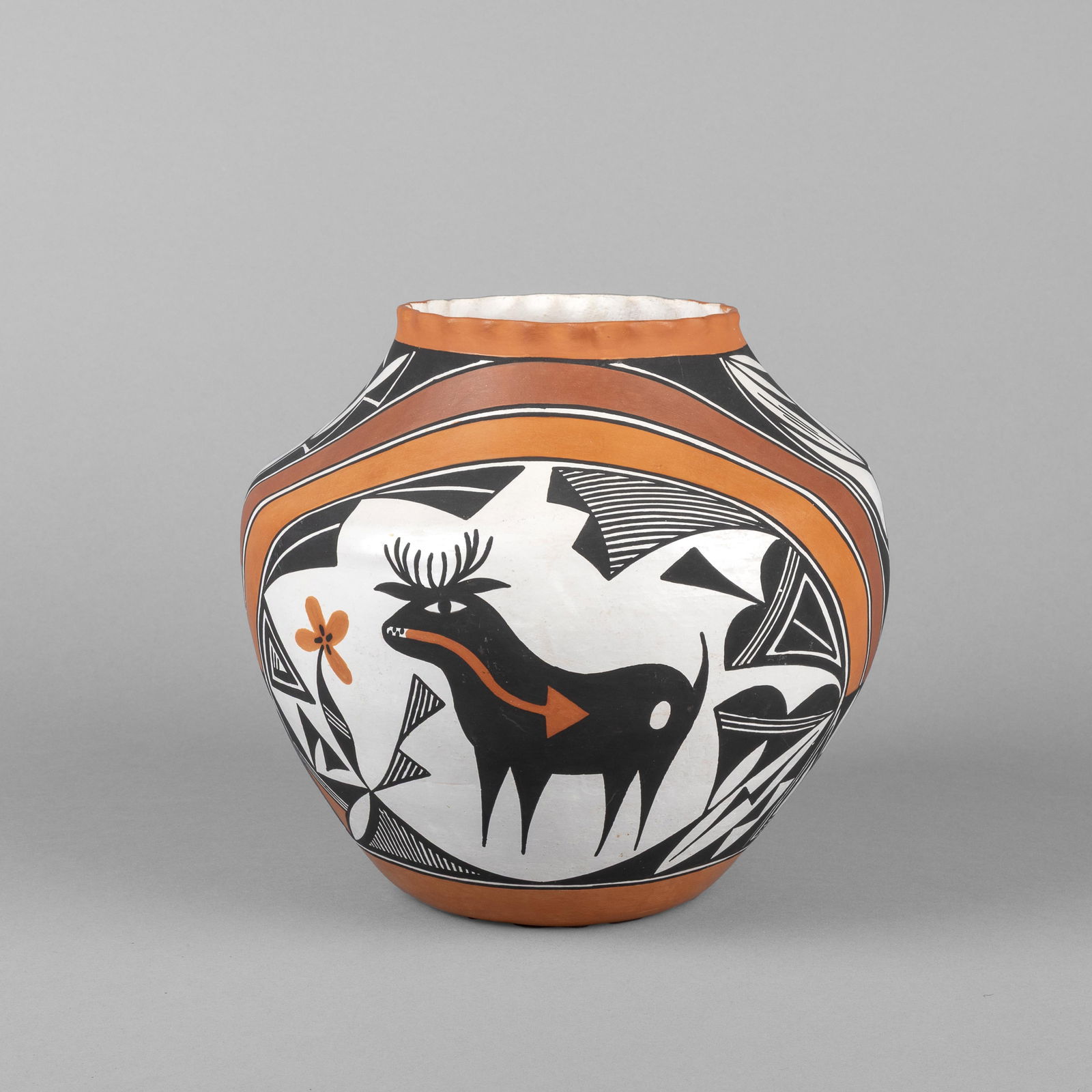 Adrian Trujillo, Polychrome Pot with Piecrust Rim and Heartline Deer Design (1 of 3)