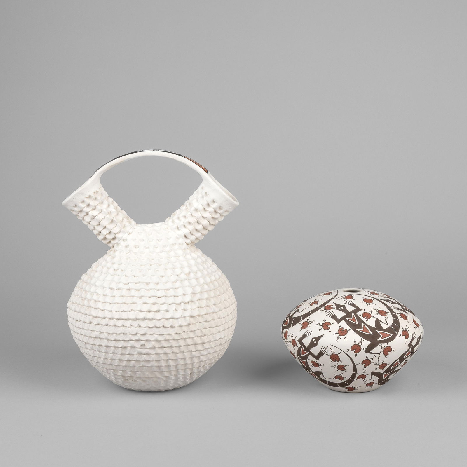 Barbara + Joseph Cerno et al, Two Pottery Vessels: Polychrome Seed Jar + Corrugated Wedding Vase, (1 of 5)