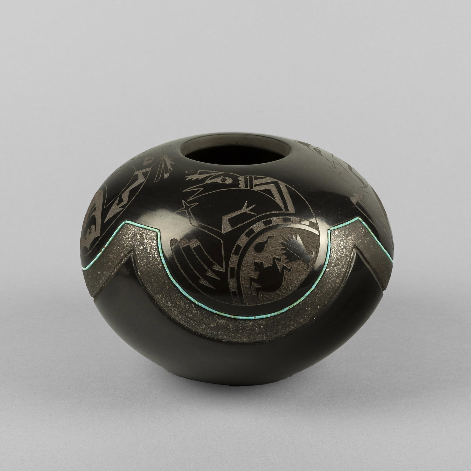 Russell Sanchez, Etched Blackware Pot with Inset Turquoise, 1991 (1 of 3)