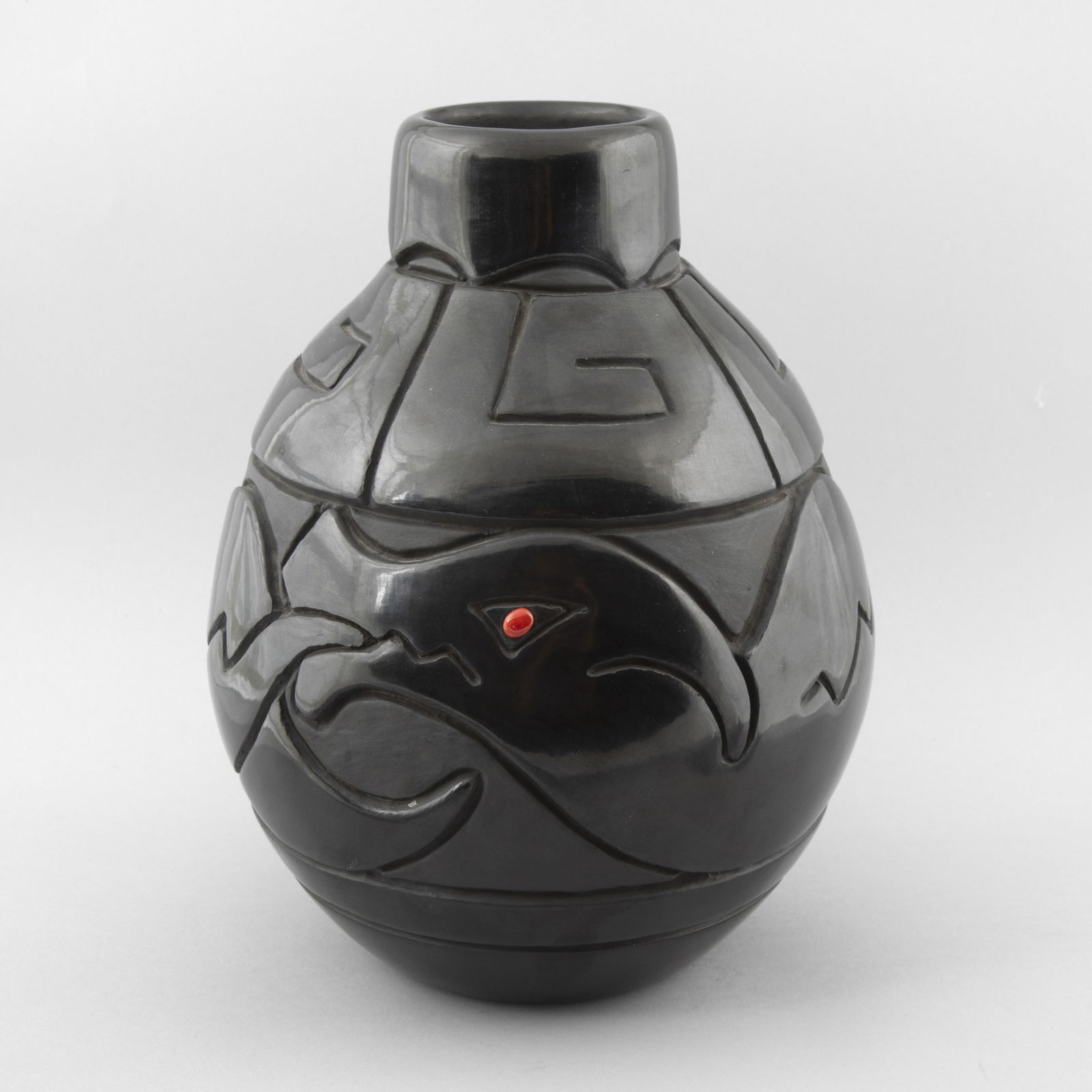 Phyllis + Marlin Hemlock, Carved Blackware Vase with Coral Inlay (1 of 3)