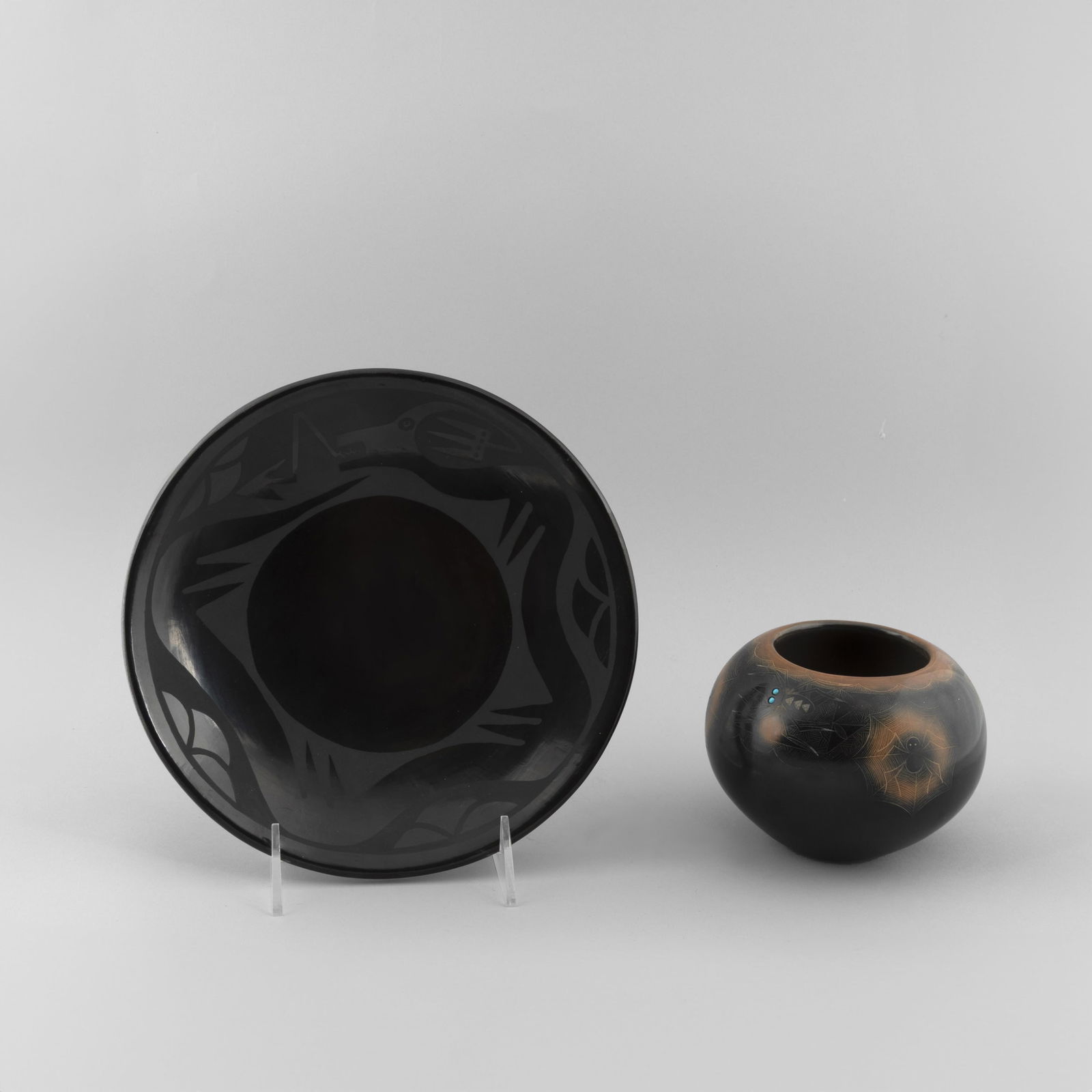 Barbara [Tahn-Moo-Whé] Gonzales et al, Two Pottery Vessels, ca. 1980: Spider Design Bowl with (1 of 12)
