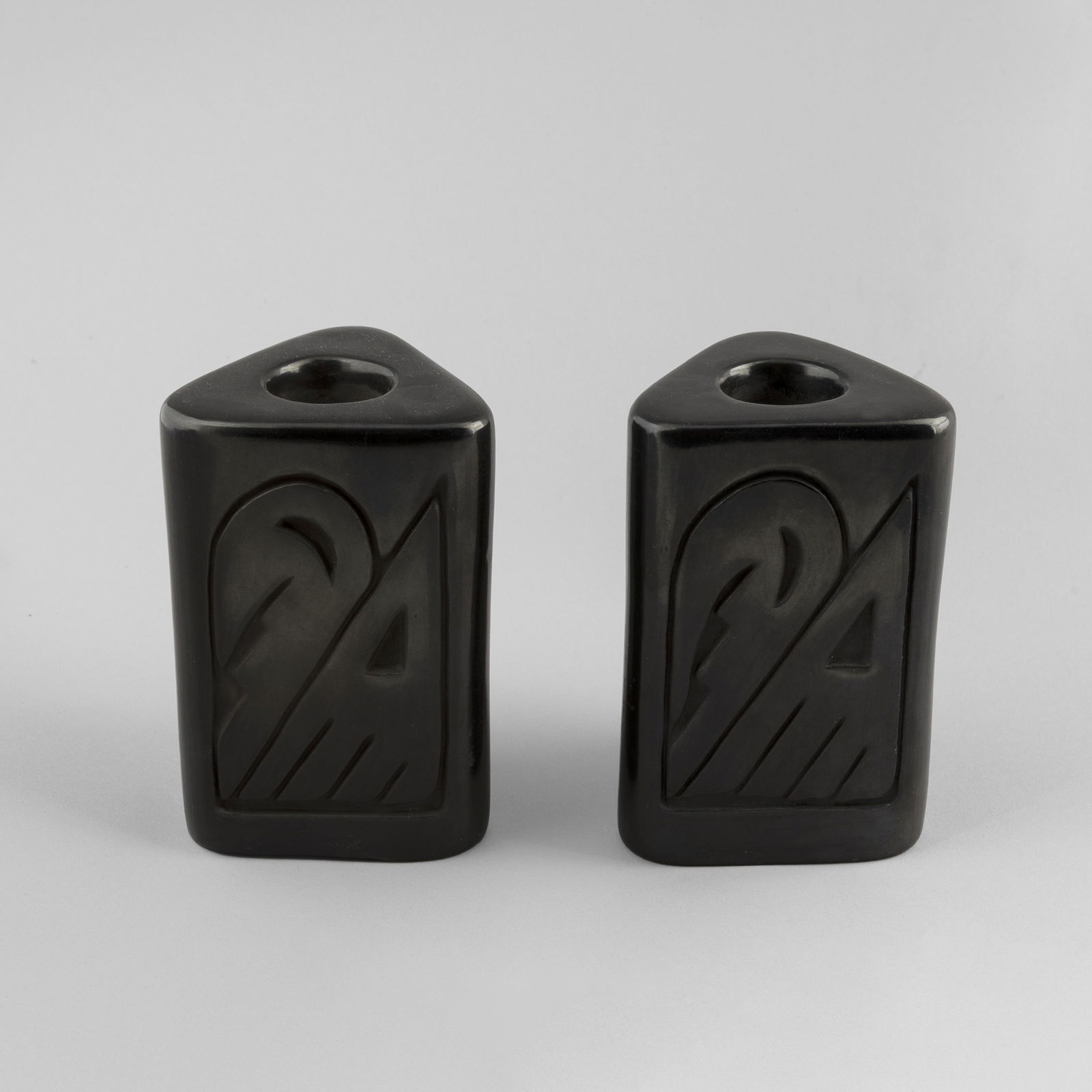 Toni Roller, Set of Carved Blackware Candle Holders, 1977 (1 of 3)