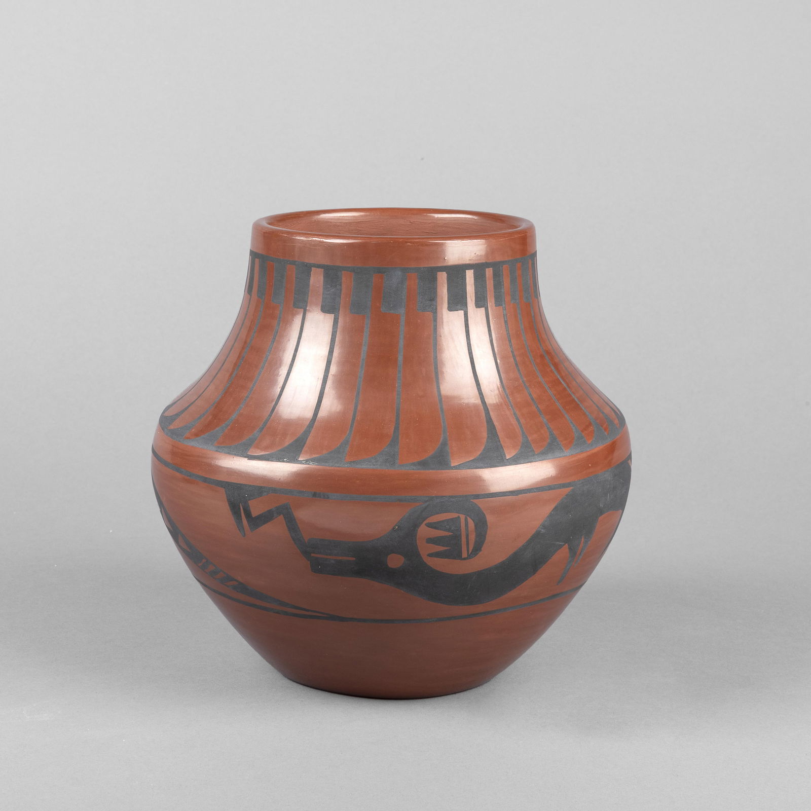 Carlos Sunrise + Carmelita Dulap, Redware Pot with Feather and Avanyu Designs, 1976 (1 of 3)