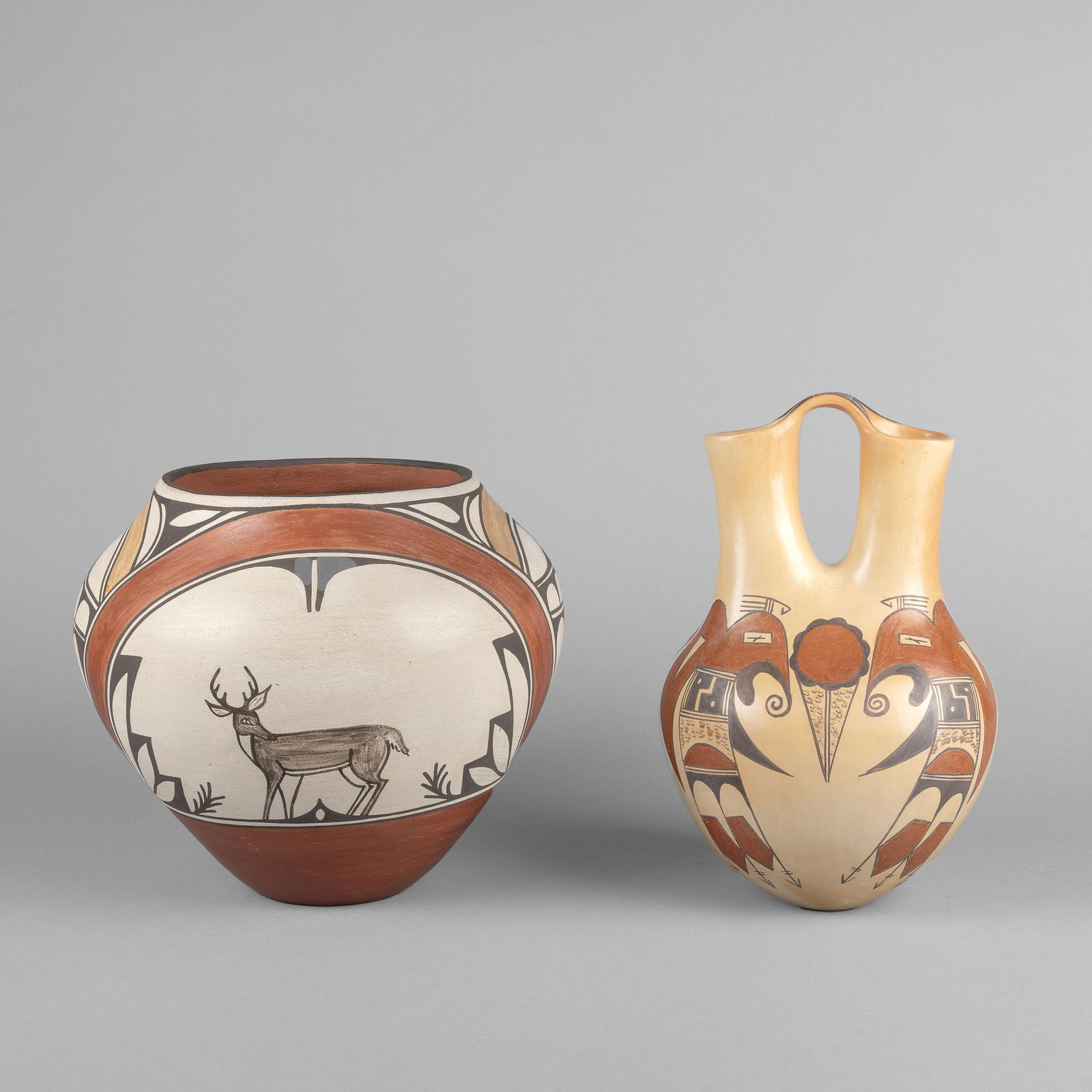 Jean Sahme Nampeyo + Helen Gachupin, Two Polychrome Pottery Vessels: Pot, ca. 1975 + Wedding Vase, (1 of 4)
