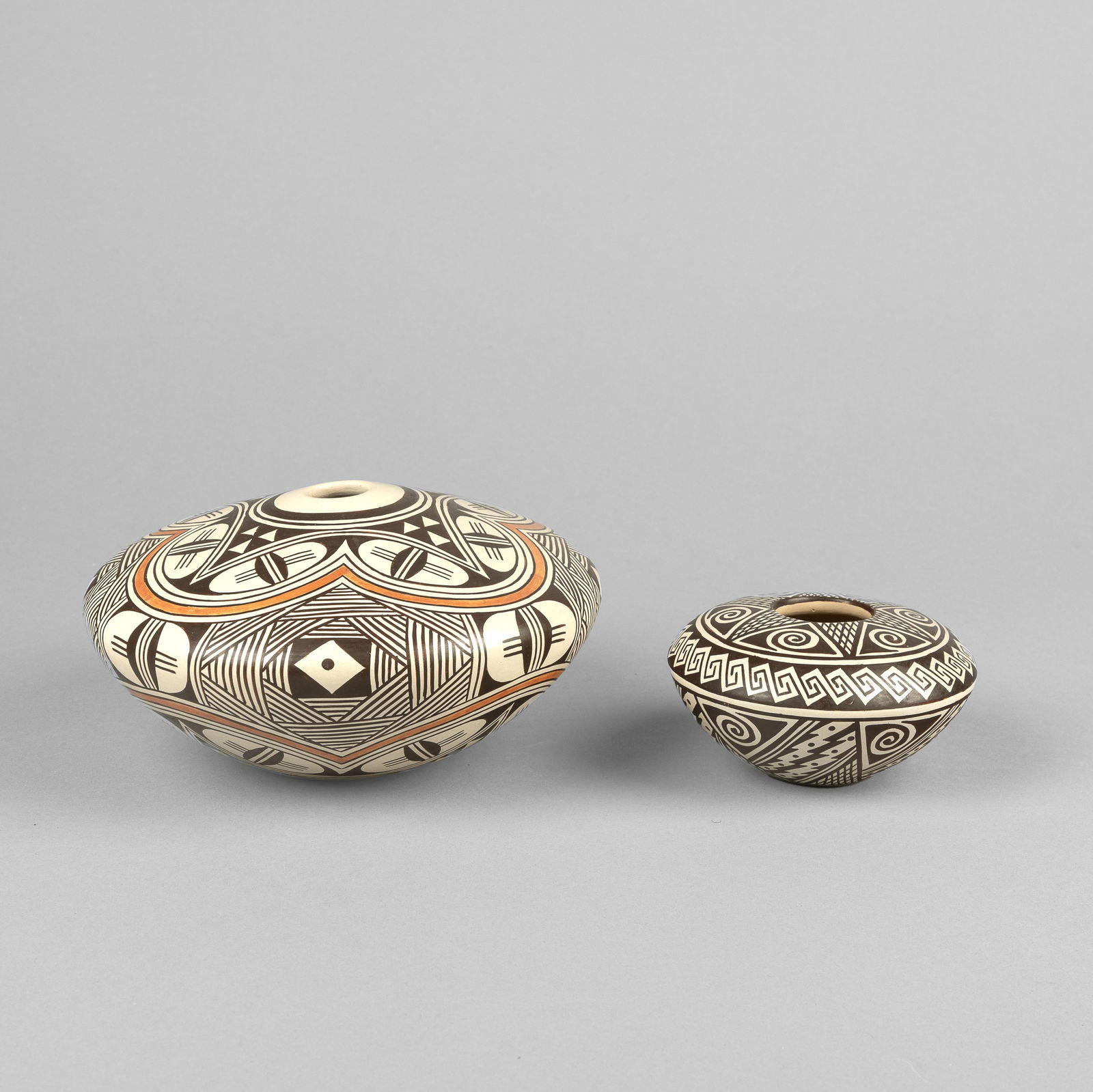 Helen [Feather Woman] Naha, Two Seed Pots: Polychrome + Black on White, ca. 1985 (1 of 4)