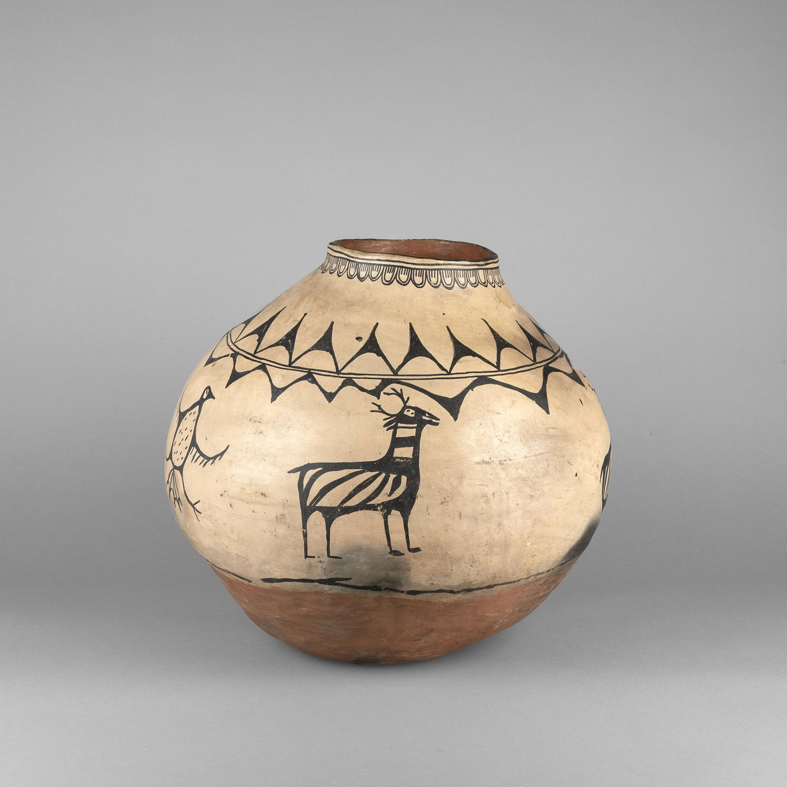Cochiti, Pot with Black on White Figural Designs, ca. 1900: CochitiPot with Black on White Figural Designs, ca. 1900fired clayheight: 16 1/2 x diameter: 17 in. (41.9 x 43.2 cm.) Private Collection, Massachusetts