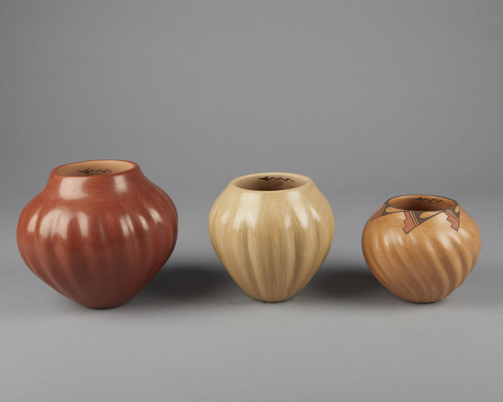 Juanita Fragua, Group of Three Melon Jars: Redware + Buff + Swirl (1 of 3)