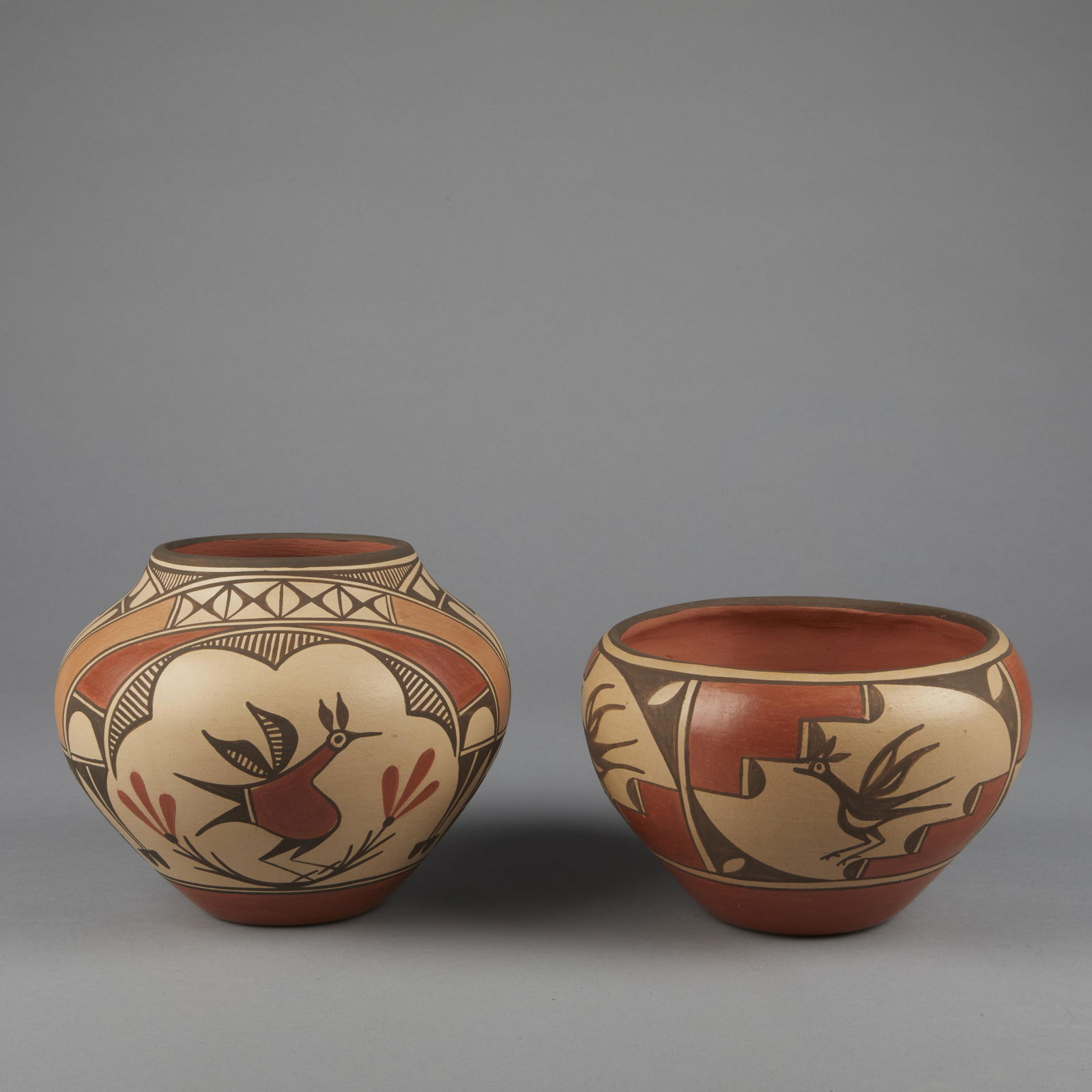 Elizabeth + Sofia Medina, Two Polychrome Pottery Vessels with Bird Designs (1 of 3)