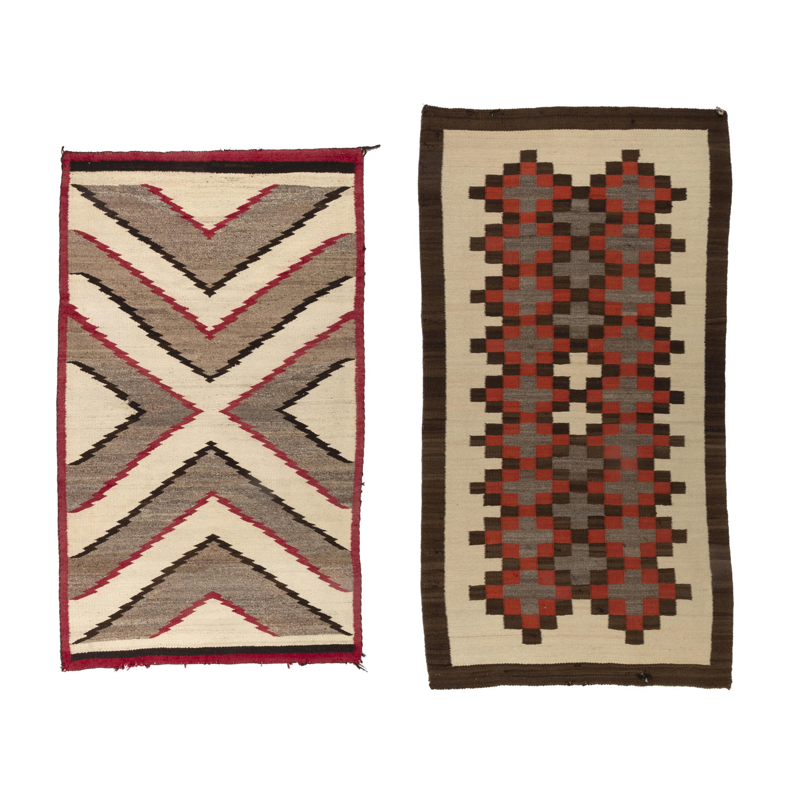 Diné (Navajo), Two Rugs: Diné (Navajo)Two Rugshandspun wool, natural colors, aniline dyessmaller: 70 x 42 1/4 in. (177.8 x 107.3 cm.), larger: 78 1/2 x 41 in. (199.4 x 104.1 cm.) Private Collection, New Mexico