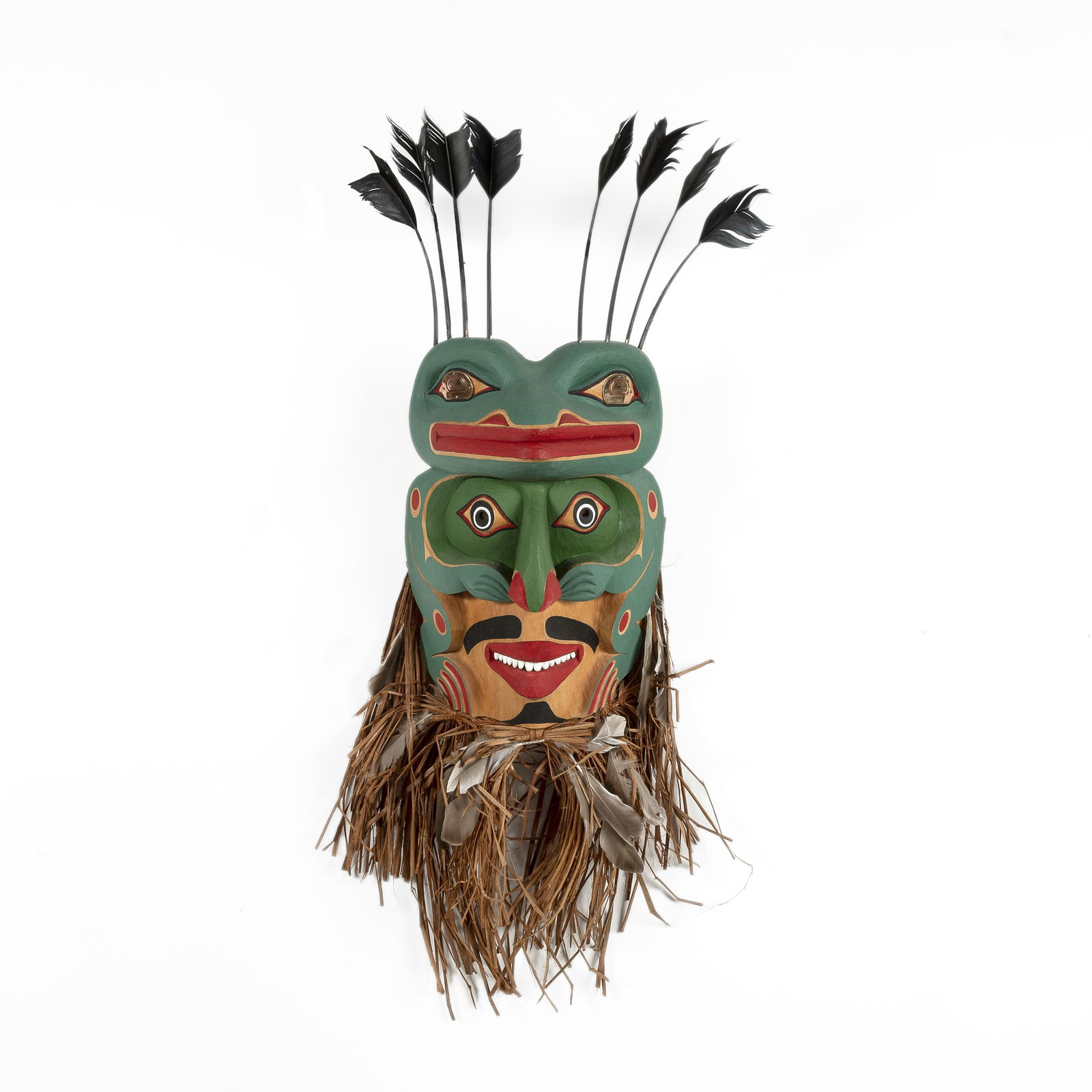 David Neel, Frog Mask, 1998: David NeelFirst Nations (Kwakwaka'wakw), b. 1960Frog Mask, 1998carved wood, natural fibers, feathersinscribed: © D Neel 9834 x 13 x 6 3/4 in. (86.4 x 33 x 17.1 cm.) Private Collection, Florida