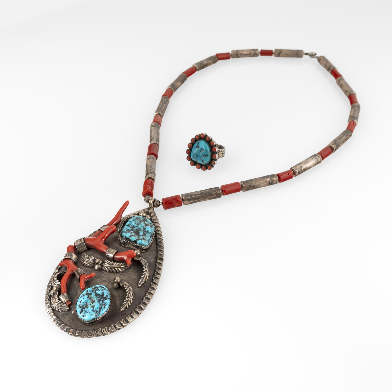 Juliá Martinez + Federico Jimenez, Set of Two Coral and Turquoise Jewelry Items: Necklace + Ring, (1 of 3)