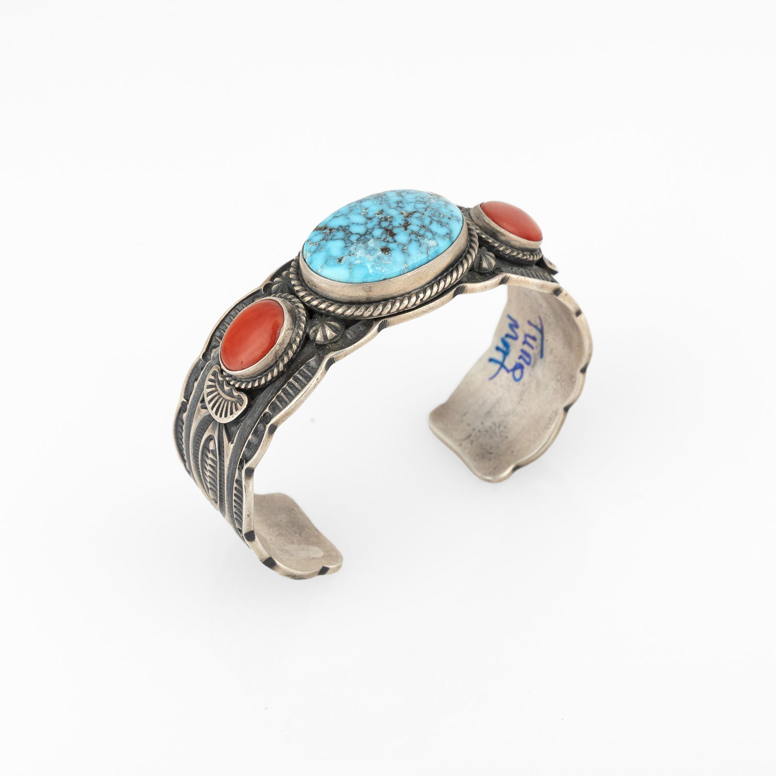 Darrell Cadman, Sterling Silver Cuff with Turquoise and Coral Cabochons (1 of 3)