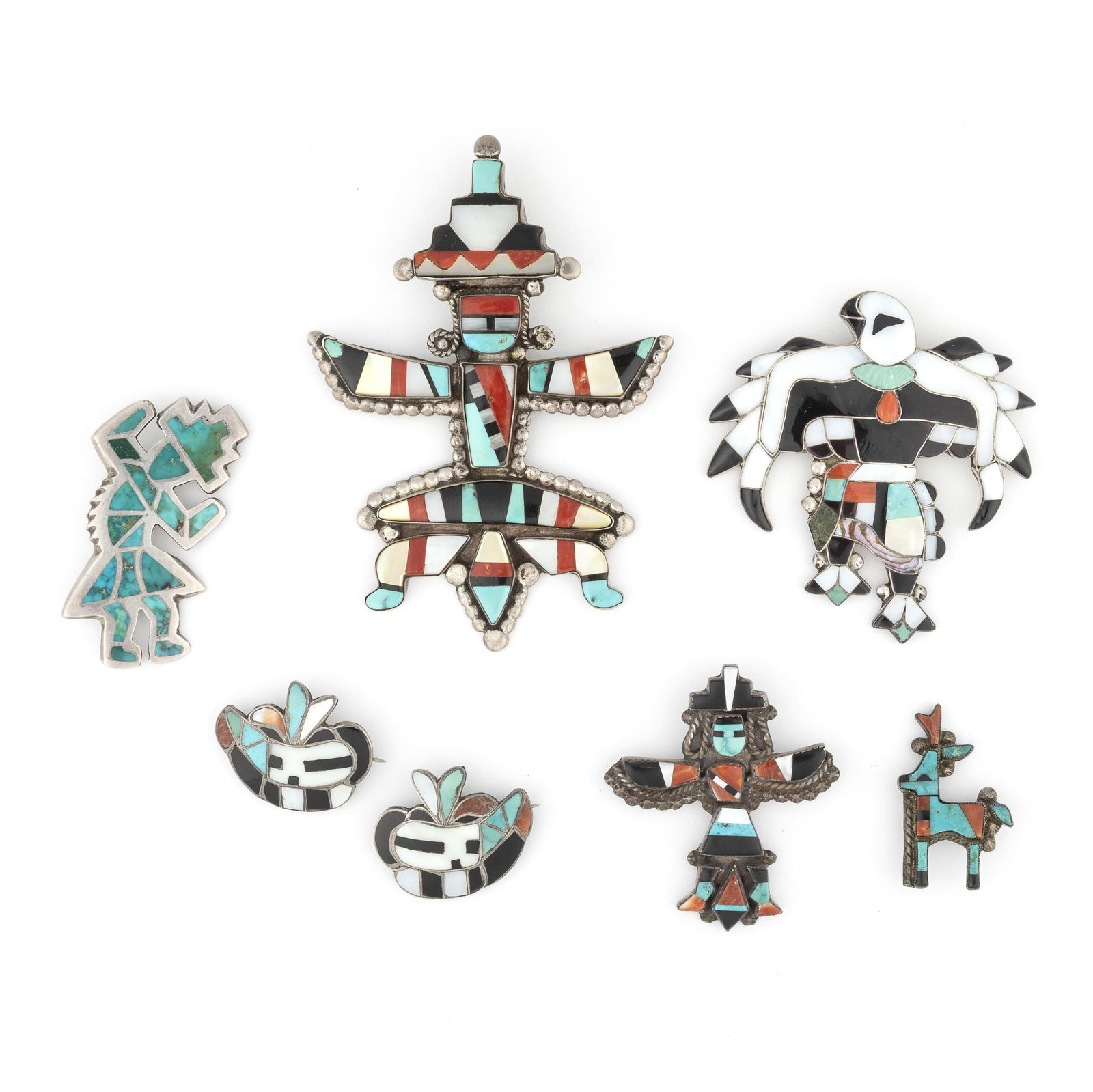 Charles + Mary Ann Poncho et al, Group of Seven Zuni Inlay Pins, ca. 1940 - 1955 (1 of 2)