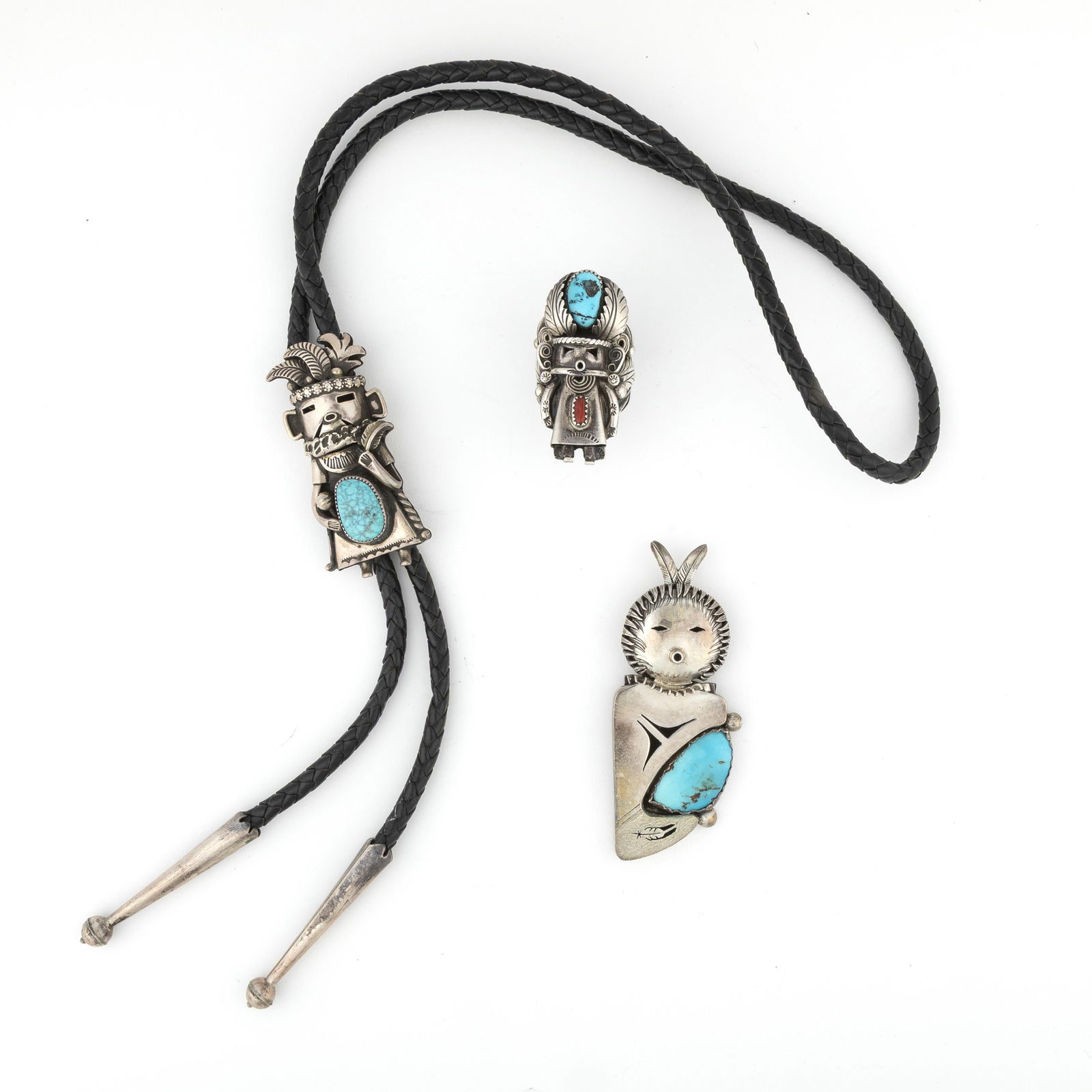 Nelson Morgan et al, Set of Three Figural Jewelry Items: Bolo + Pin + Ring, ca. 1990 (1 of 2)