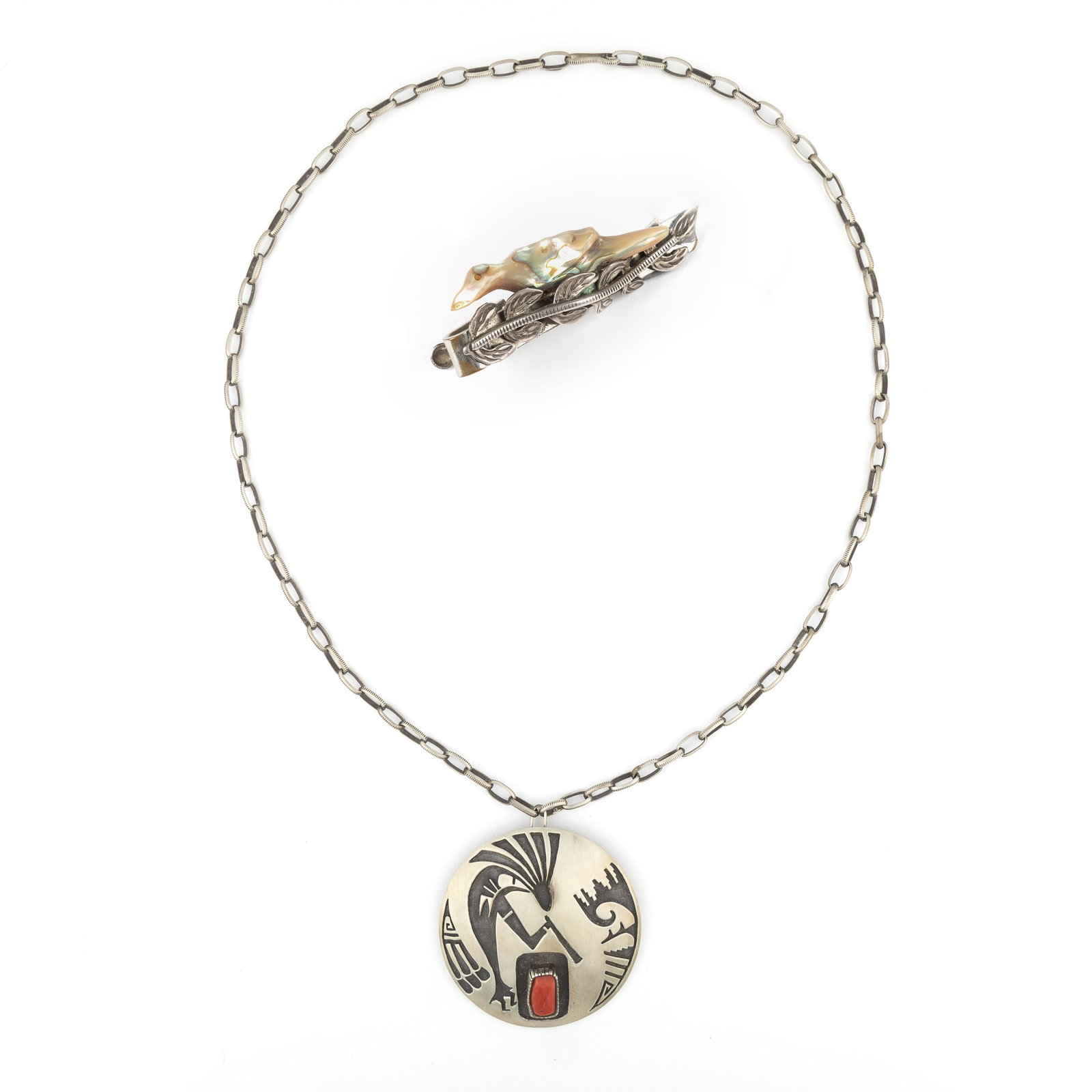 Herman Vandever + Leekya Family, Two Jewelry Items: Coral Pendant Necklace with Kokopelli + Abalone (1 of 5)