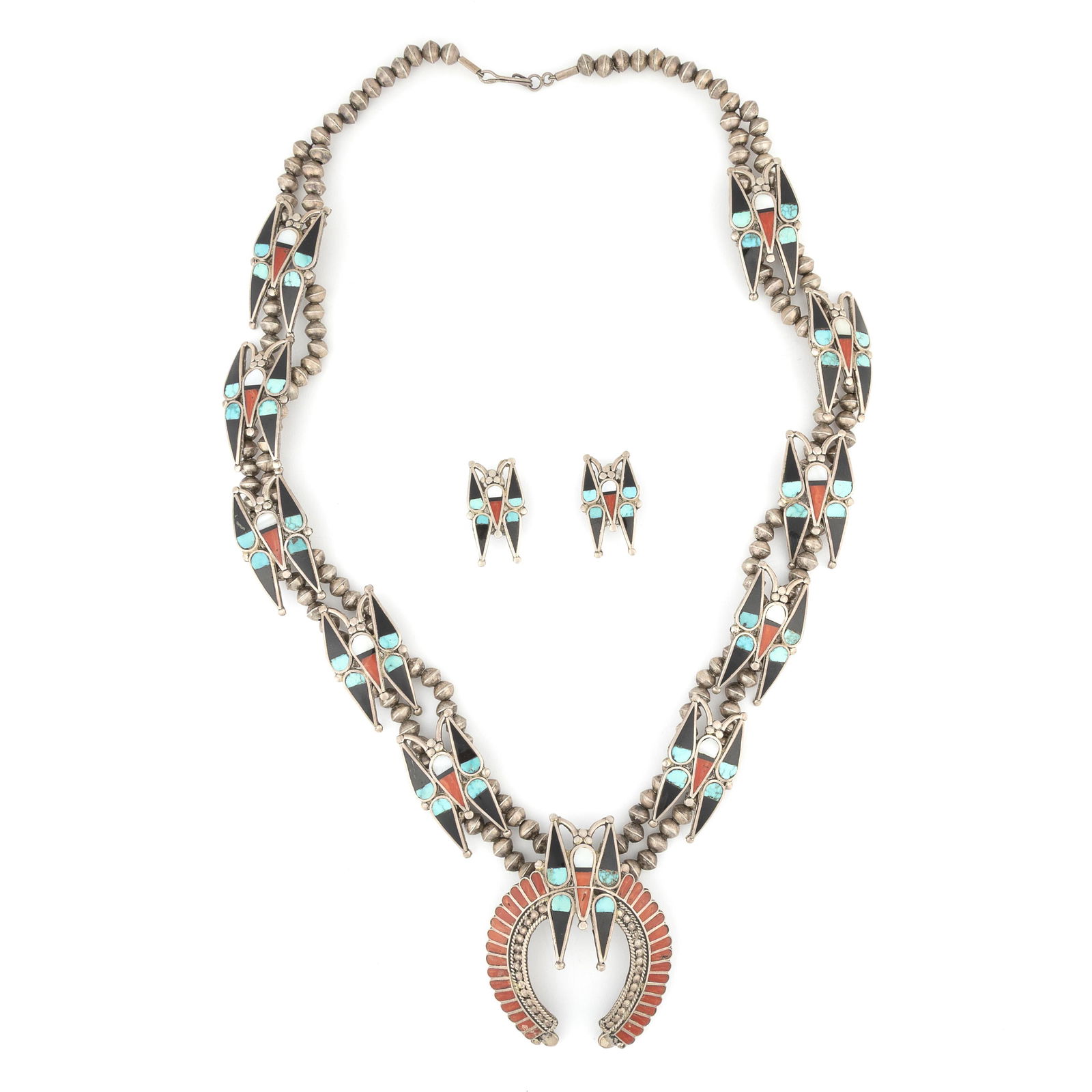 Zuni Style, Inlay Jewelry Set with Butterfly Squash Blossom Necklace + Matching Earrings, ca. 1985 (1 of 2)