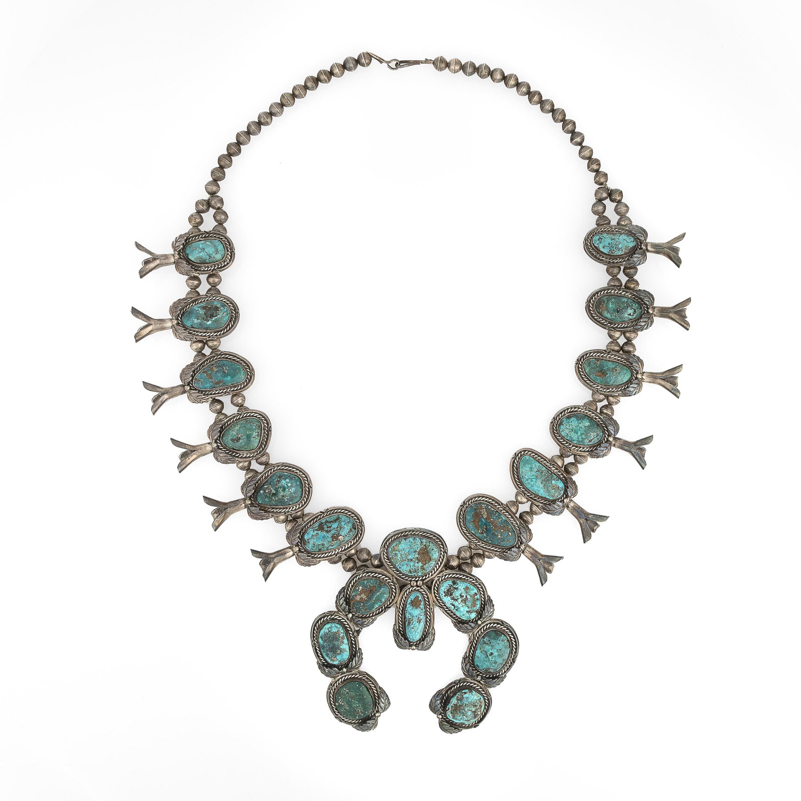 Attributed Diné (Navajo), Squash Blossom Necklace with Turquoise Cabochons, ca. 1975 (1 of 2)