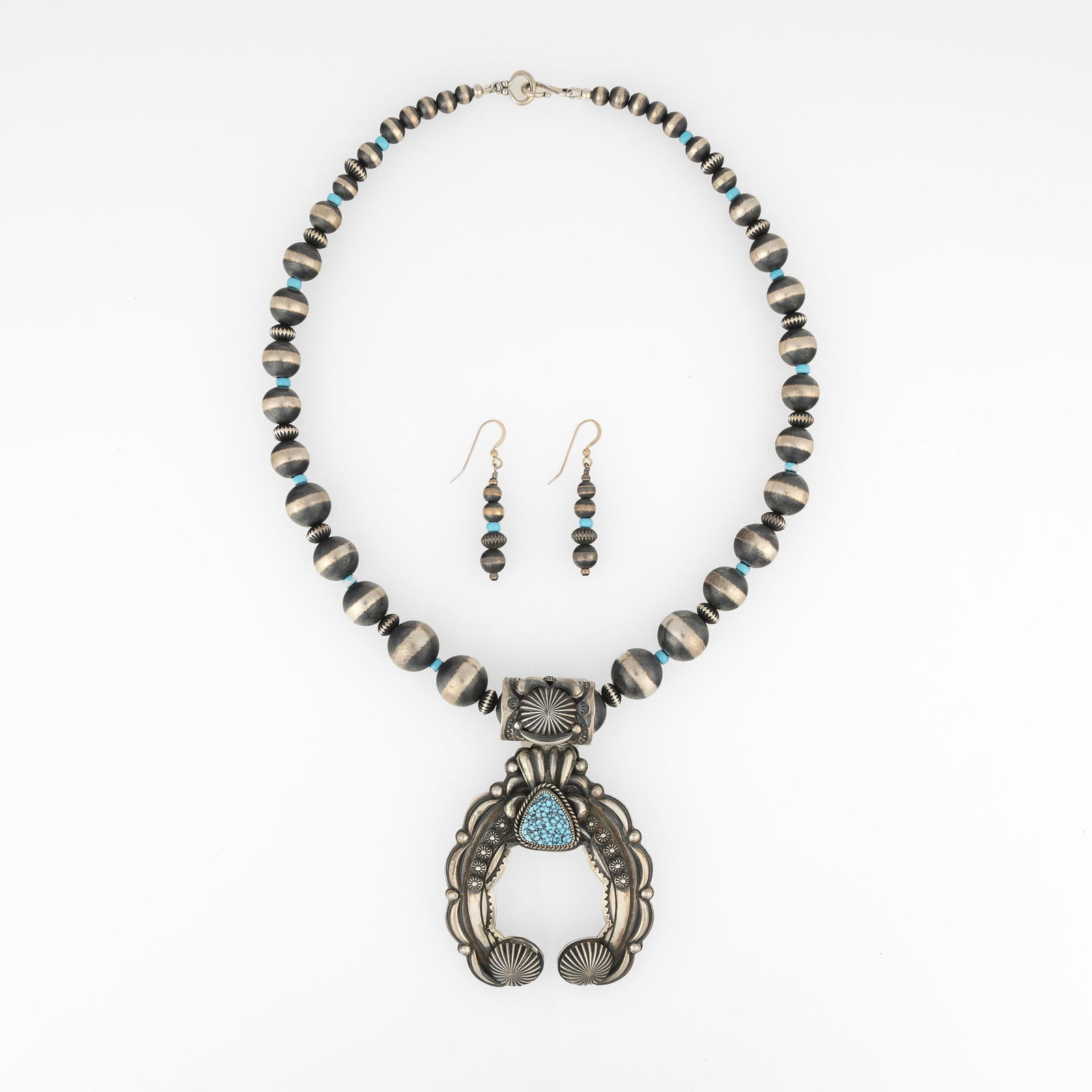 Delbert Gordon, Silver and Turquoise Beaded Jewelry Set with Naja Necklace + Earrings (1 of 2)