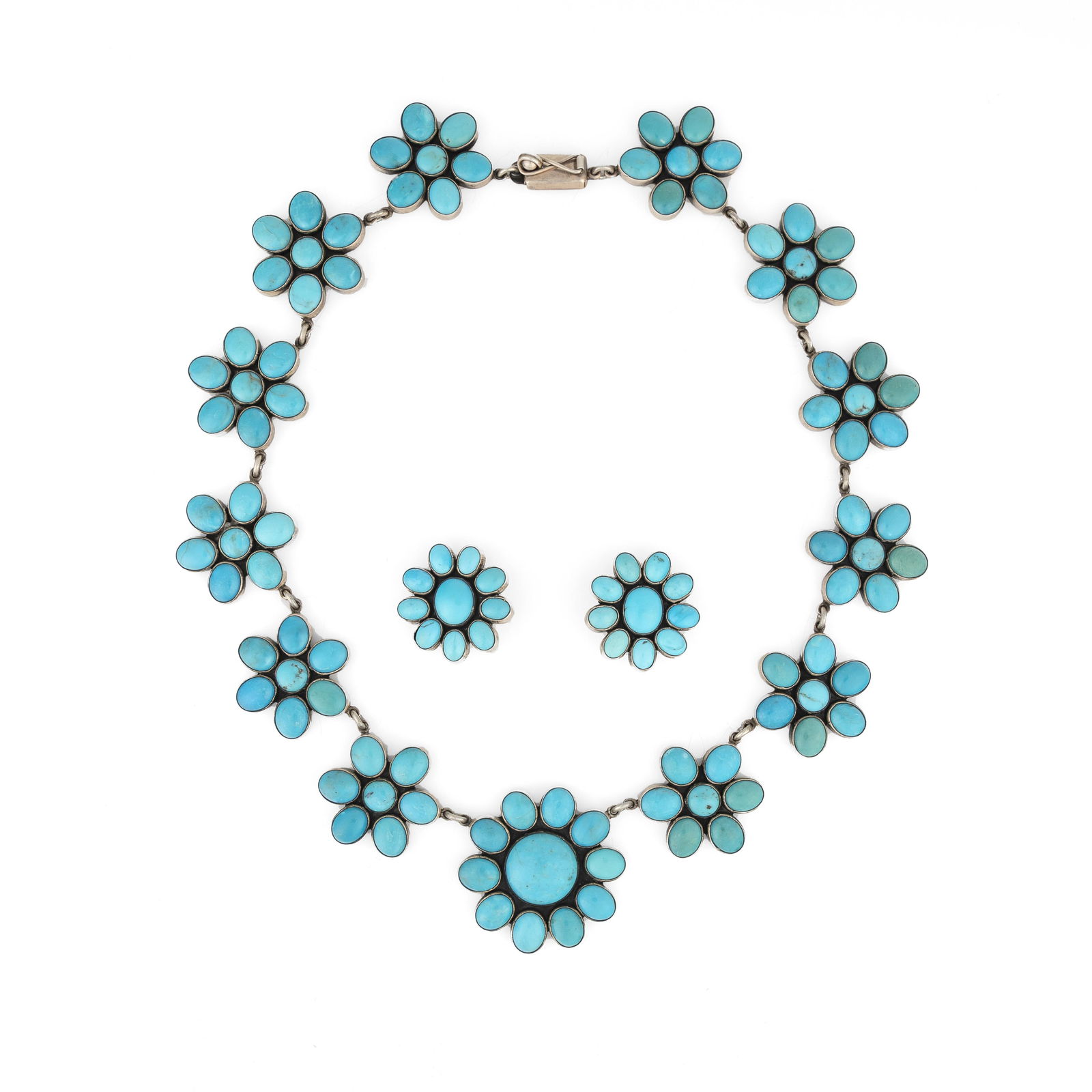Federico Jimenez, Turquoise Jewelry Set with Cluster Link Necklace + Earrings: Federico JimenezMexican, b. 1941Turquoise Jewelry Set with Cluster Link Necklace + Earringssterling silver, turquoisestamped: JF / STERLINGhanging length: 10 in. (25.4 cm.), pendant: 1 5/8 in. (4.1 cm