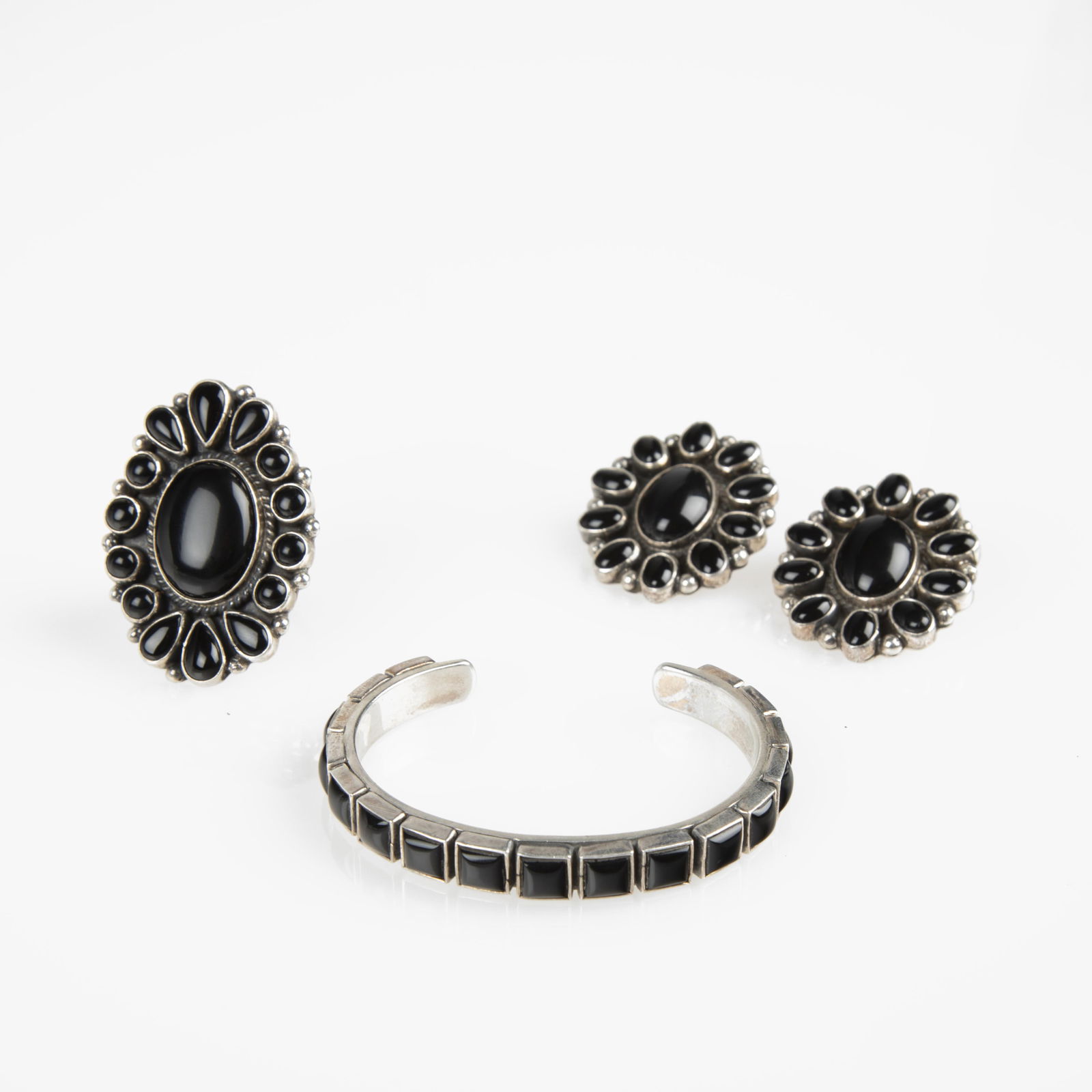 Geneva Apachito et al, Silver and Jet Jewelry Set with Cluster Earrings + Ring + Cuff (1 of 2)