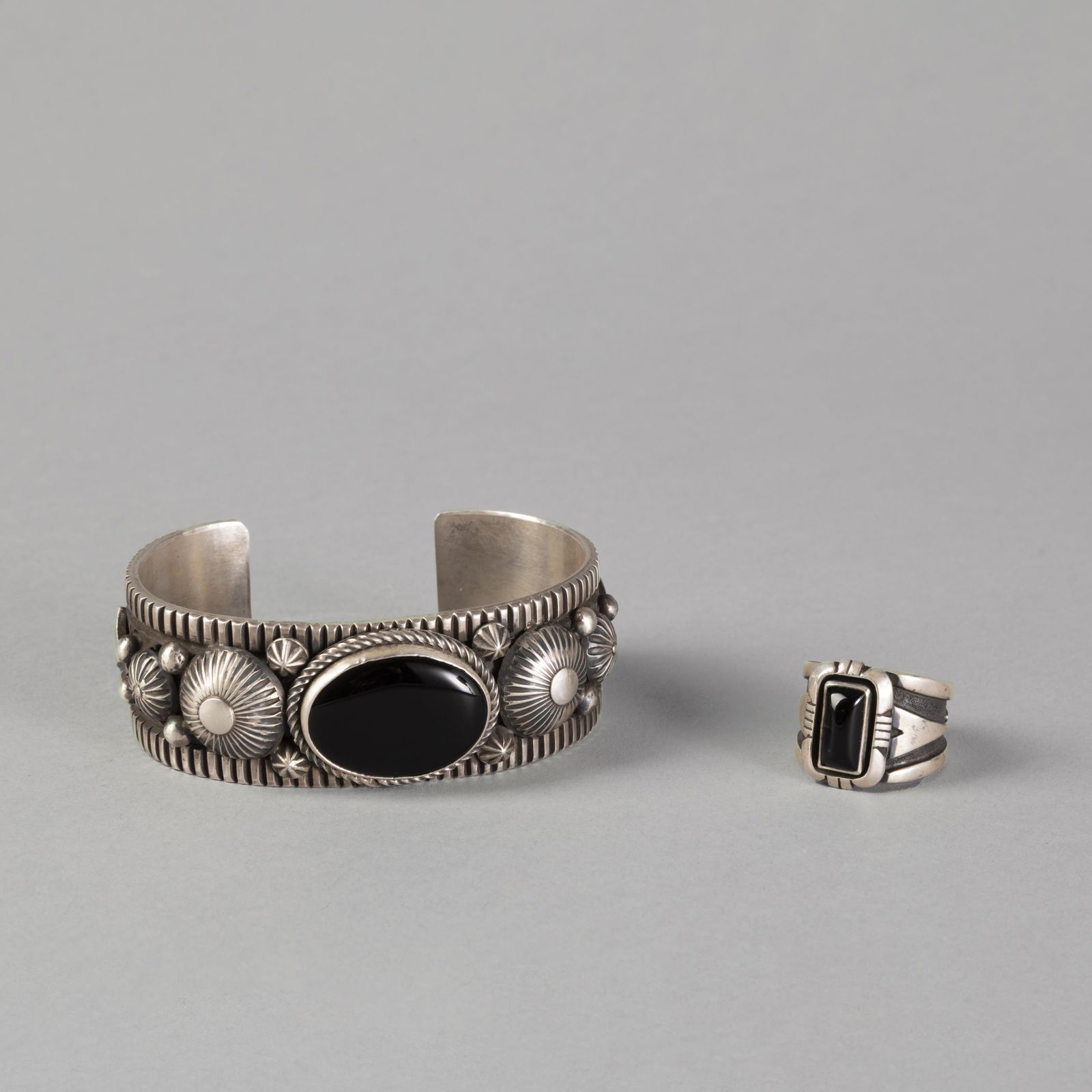 Albert Jake + C. Willie, Set of Two Silver and Jet Jewelry Items: Cuff + Ring (1 of 2)