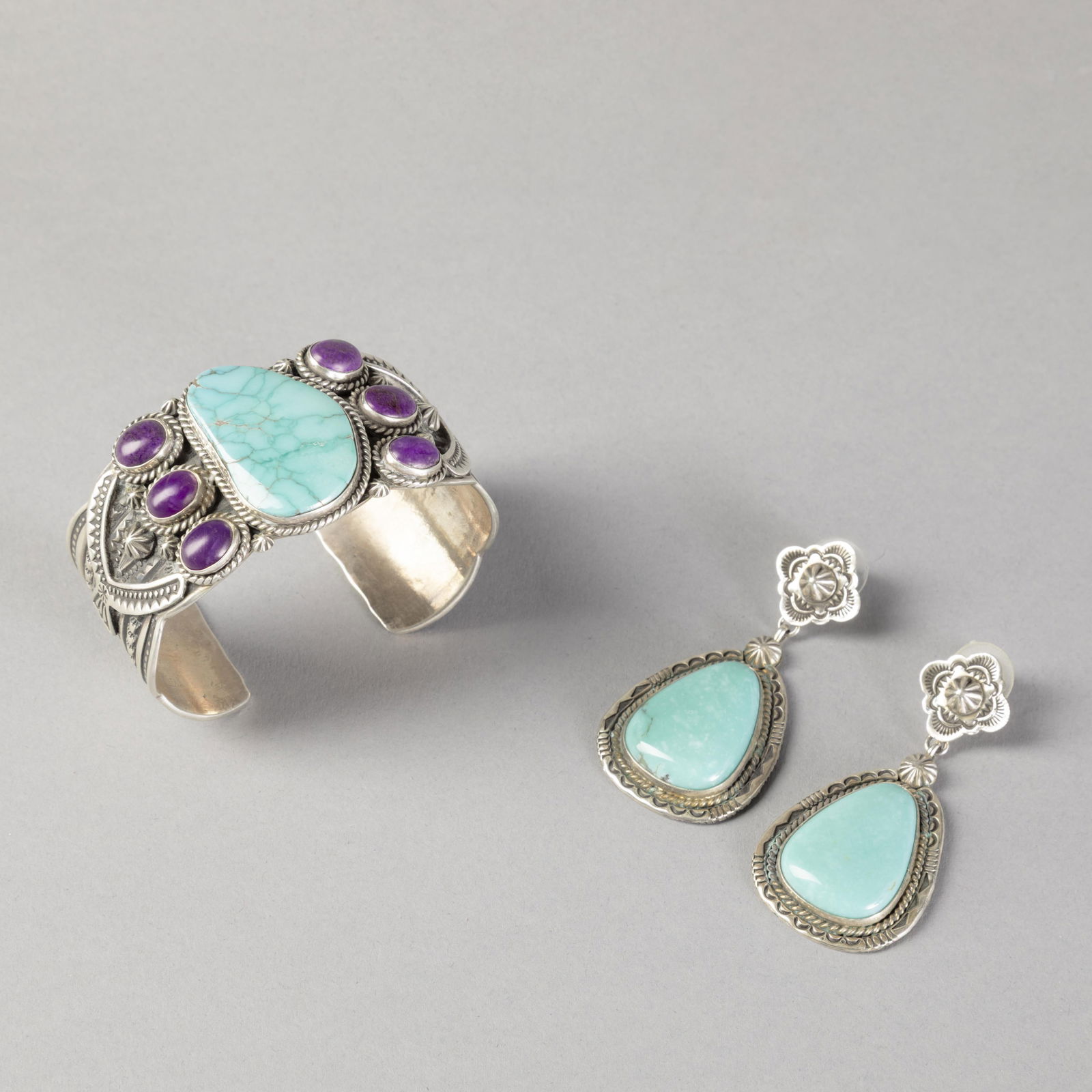 Darryl Cadman et al, Jewelry Set with Turquoise and Sugilite Cuff + Earrings (1 of 2)
