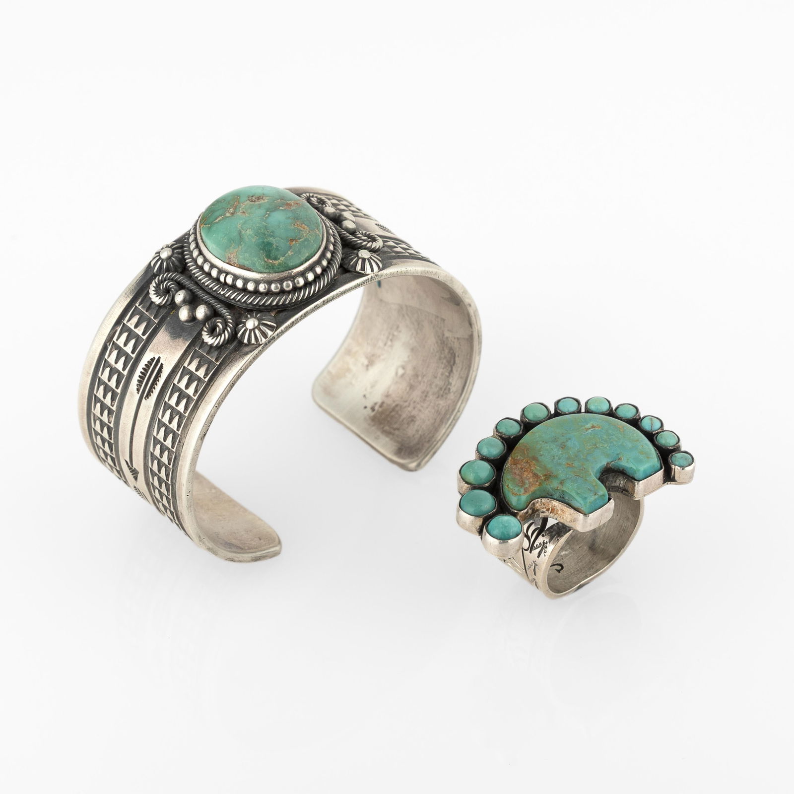 Delbert Gordon + Federico Jimenez, Two Silver and Turquoise Jewelry Items: Cuff + Ring (1 of 3)