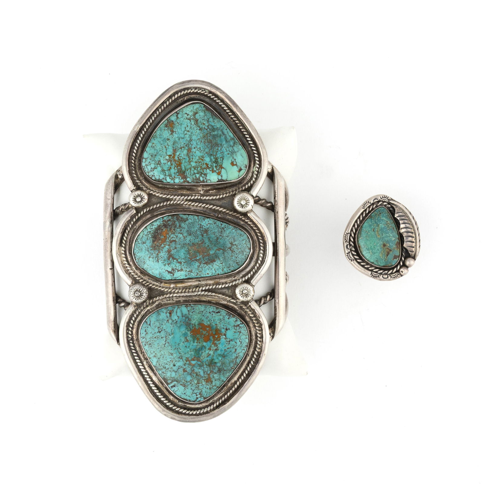 Set of Two Silver and Turquoise Jewelry Items: Bracelet + Ring, ca. 1985: Set of Two Silver and Turquoise Jewelry Items: Bracelet + Ring, ca. 1985sterling silver, turquoise, Blue Gem turquoiseAttributed to [Vincent Anselmo]20th CenturySilver Bracelet with Three Blue Gem Tur