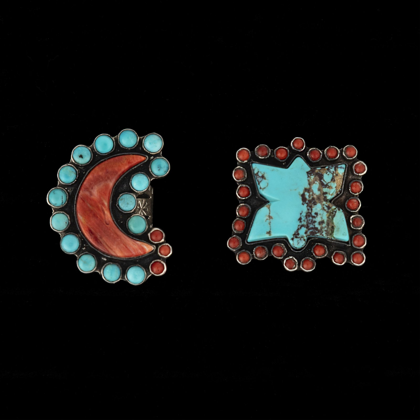 Federico Jimenez, Set of Two Mixed Stone Rings: Moon + Butterfly: Federico JimenezMexican, b. 1941Set of Two Mixed Stone Rings: Moon + ButterflySpiny Oyster Moon Ringsterling silver, coral, spiny oyster, turquoisestamped: JF / STERLINGring size: 7 1/4Tur