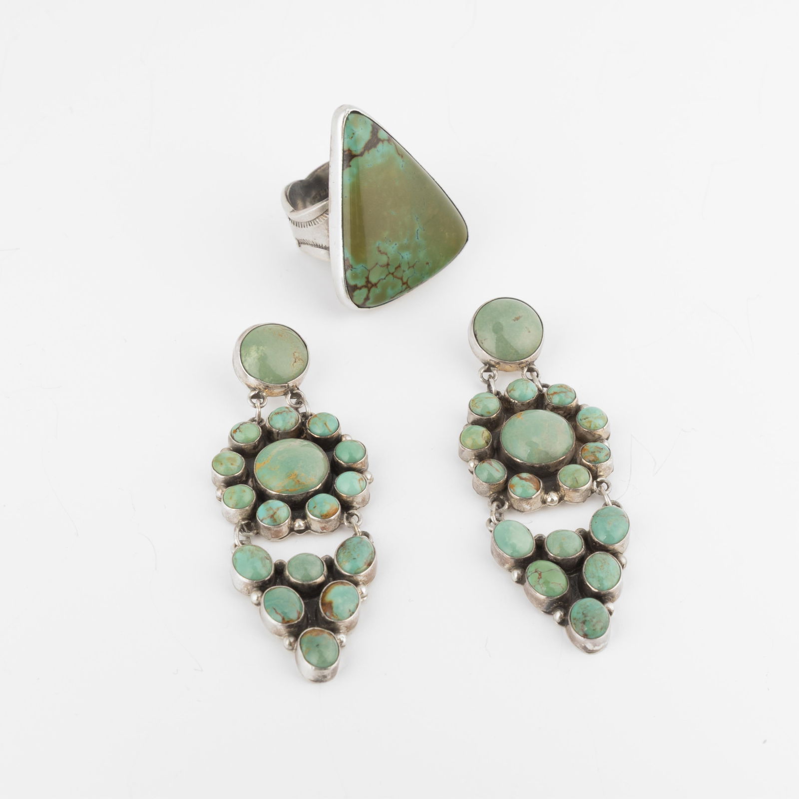 Federico Jimenez + Attributed to [Jennifer] [Begay], Turquoise and Silver Jewelry Set with Ring + (1 of 3)