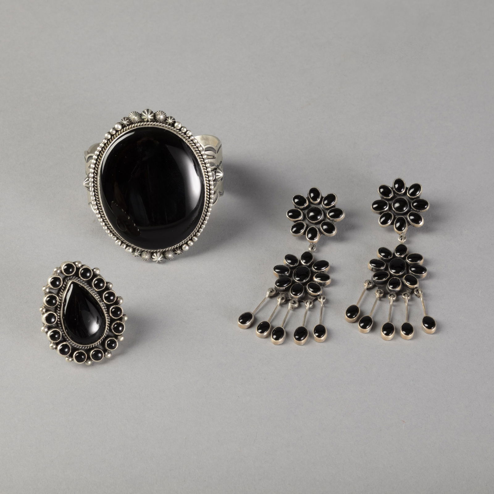 Aaron Toadlena et al, Jet and Silver Jewelry Set with Cuff + Ring + Cluster Earrings (1 of 2)