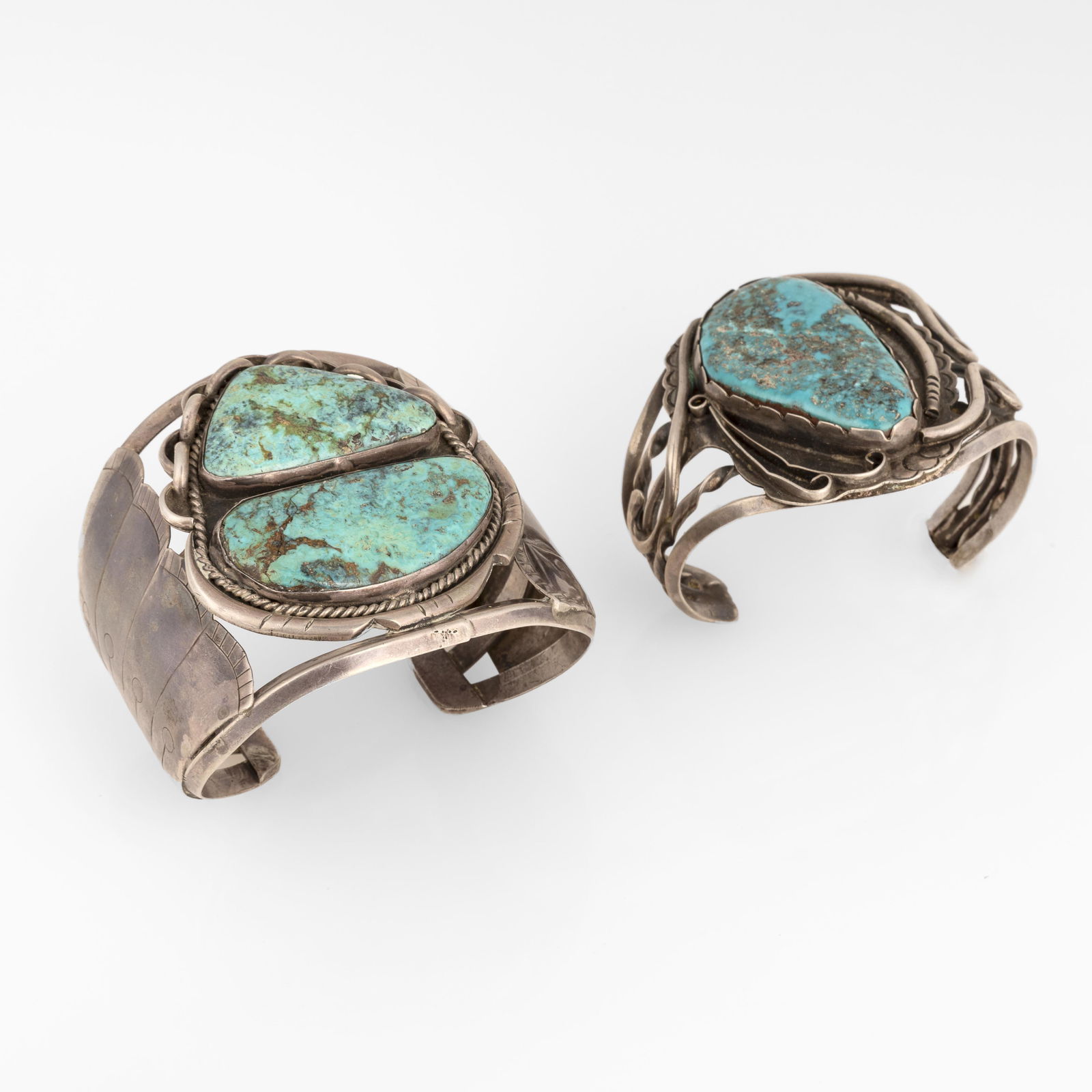 Attributed Diné (Navajo), Two Large Cabochon Turquoise + Silver Cuffs, ca. 1960 (1 of 3)