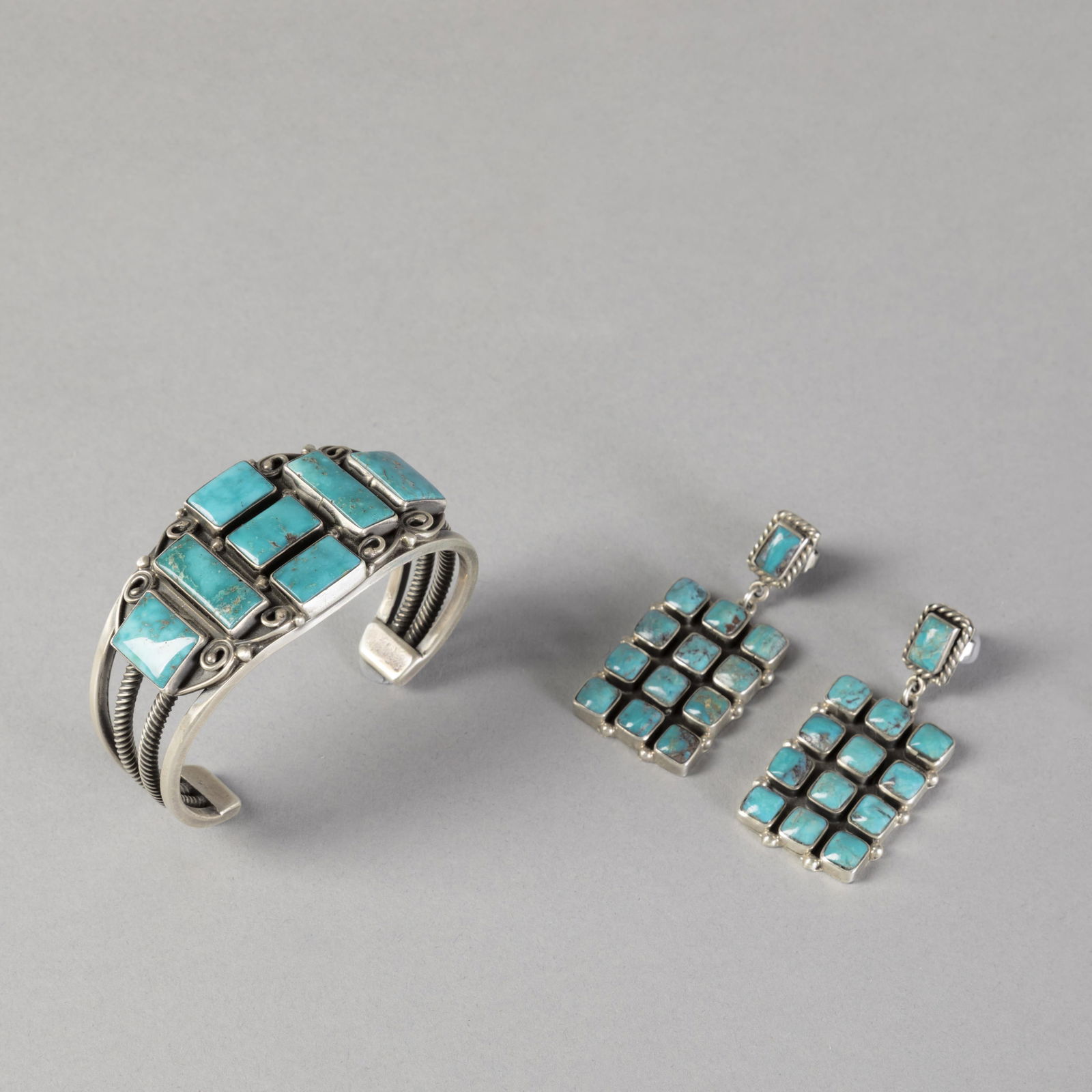 Federico Jimenez et al, Silver and Turquoise Jewelry Set with Cuff + Earrings (1 of 2)