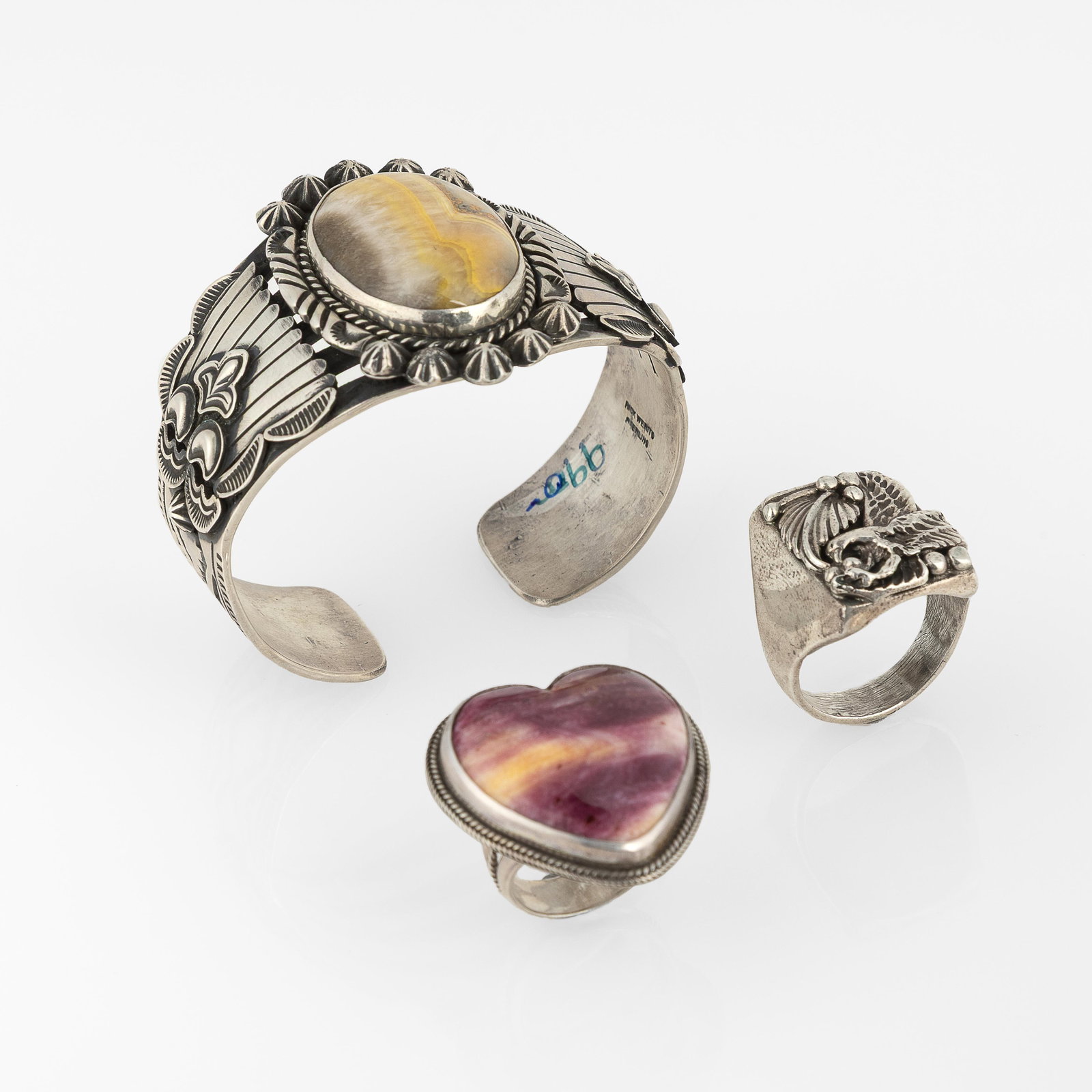 Rick Werito et al, Set of Three Jewelry Items with Two Rings + Agate Cuff (1 of 3)