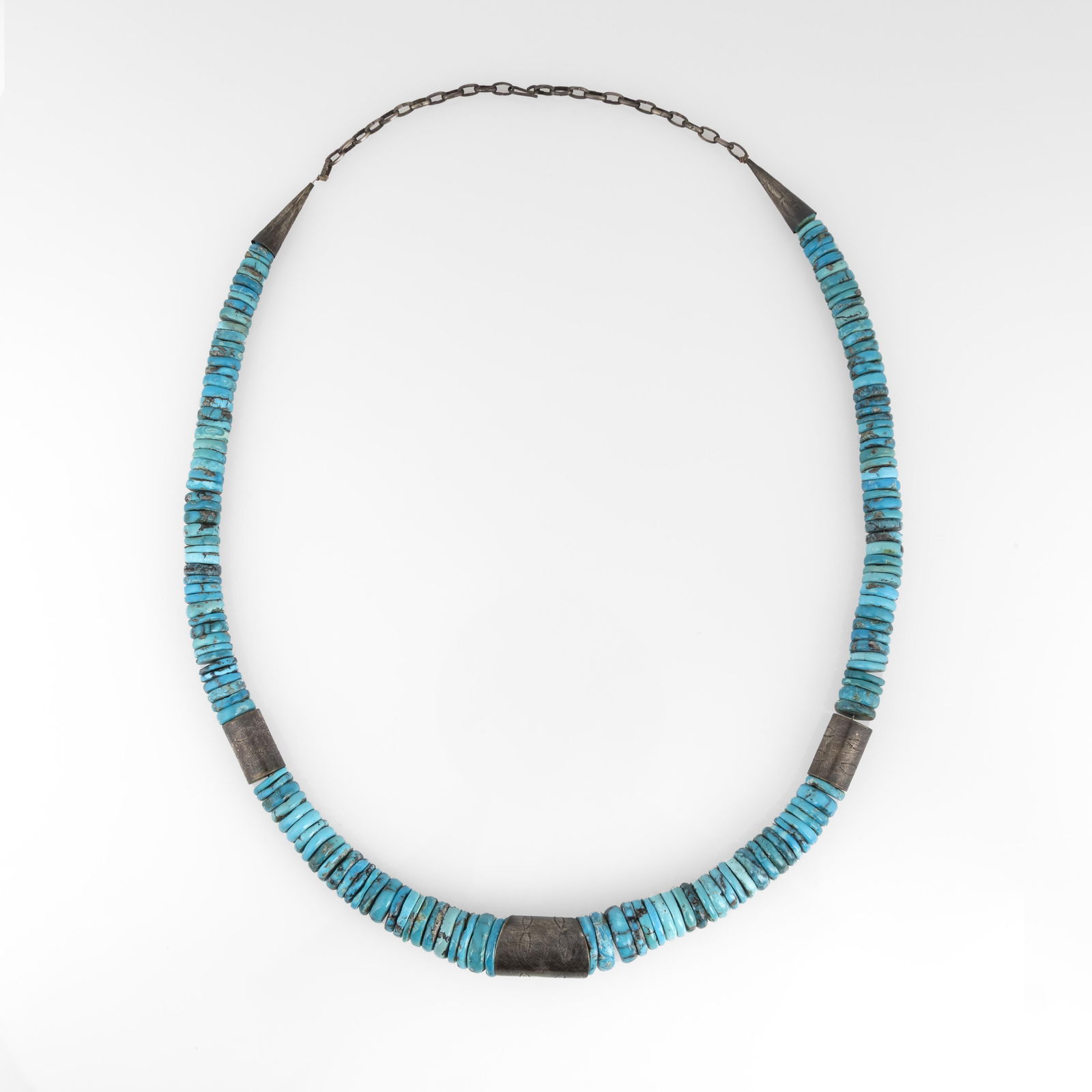 Raymond Garcia Sunrise, Turquoise Heishi Necklace with Three Silver Barrel Beads, ca. 1990 (1 of 3)