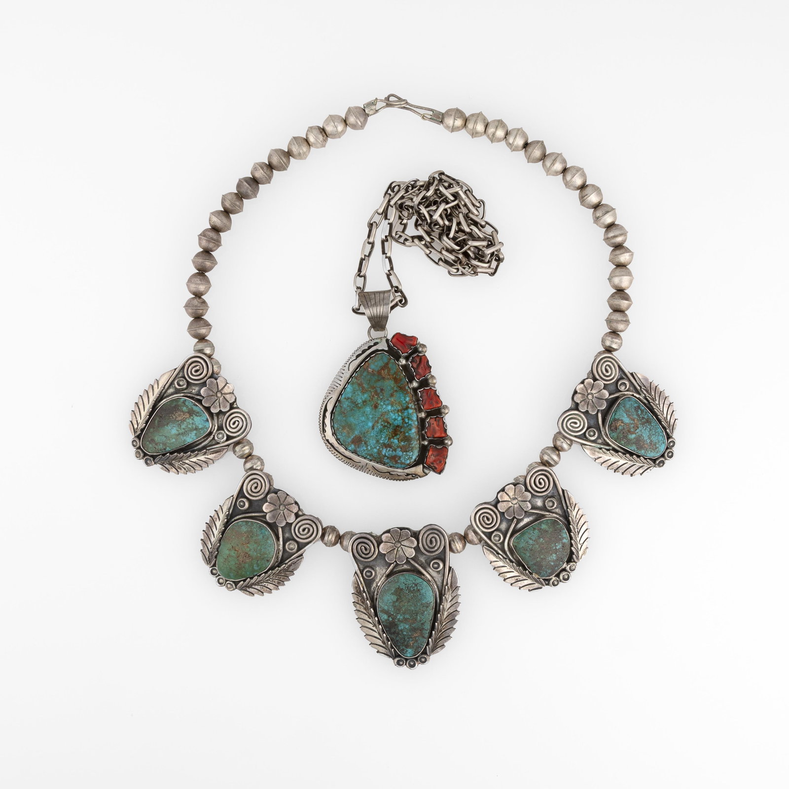 Bruce Wood et al, Two Necklaces: Turquoise and Coral Pendant Necklace + Turquoise Beaded Necklace (1 of 4)
