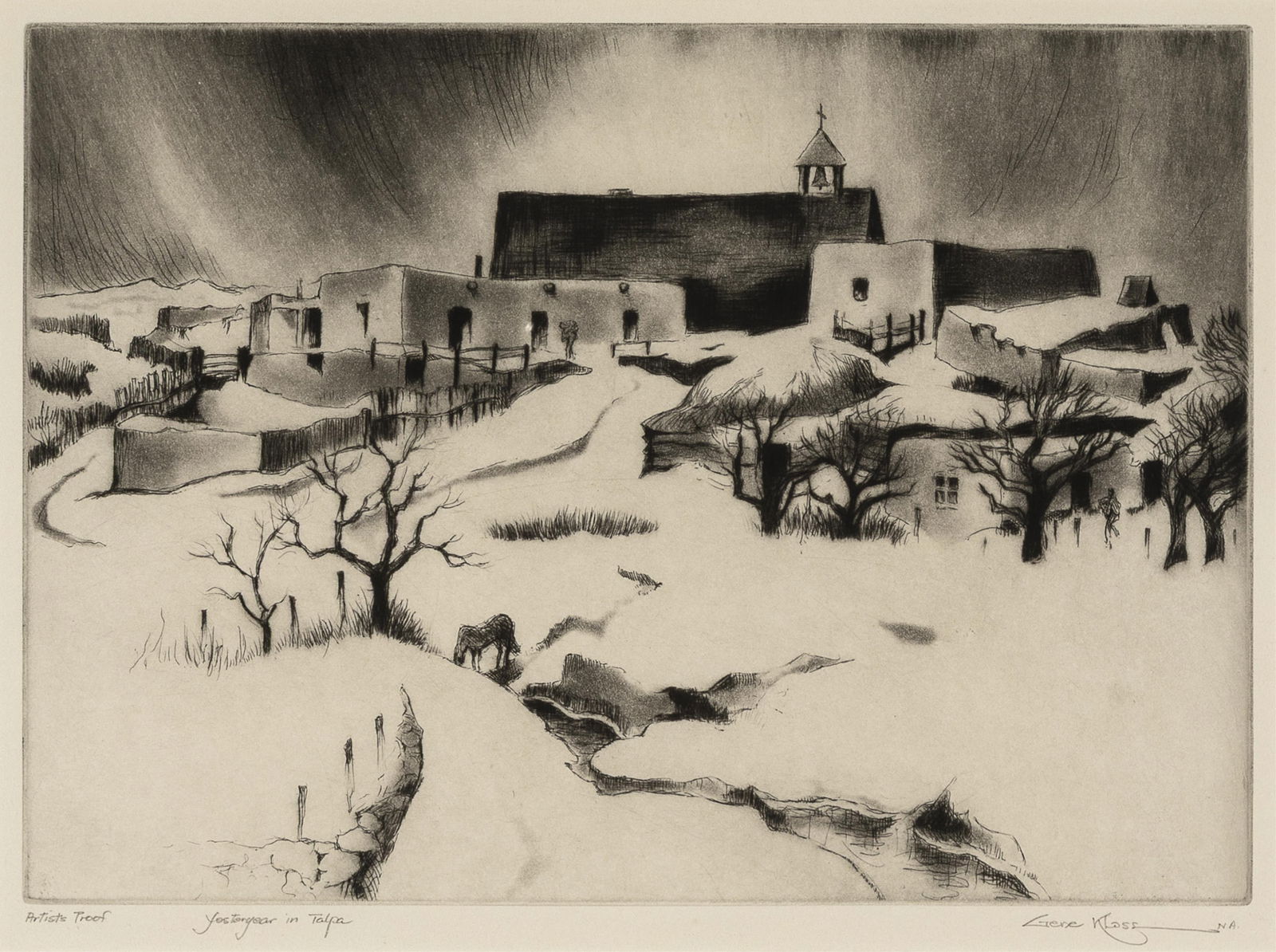 Gene Kloss, Yesteryear in Talpa, 1973: Gene Kloss1903 - 1996Yesteryear in Talpa, 1973etching, drypoint, aquatint, artist's proofeditioned and titled lower left: Artist's Proof Yesteryear in Talpasigned lower right: Gene Kloss N.A.10 3/4