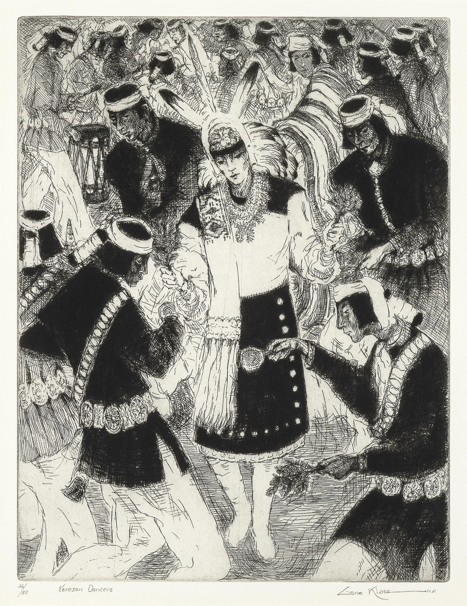 Gene Kloss, Keresan Dancers, 1962: Gene Kloss1903 - 1996Keresan Dancers, 1962etching and drypoint, edition 36 of 50editioned and titled lower left: 36/50 Keresan Dancerssigned lower right: Gene KLoss N.A.inscribed verso: [At San Felipe