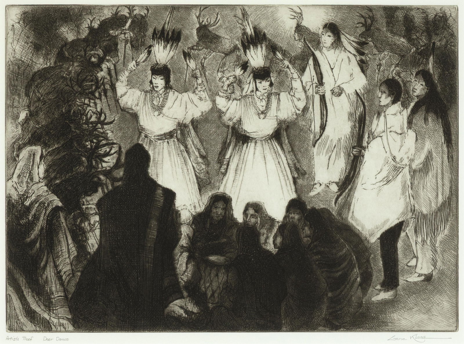 Gene Kloss, Deer Dance, 1969: Gene Kloss1903 - 1996Deer Dance, 1969etching, drypoint, artist's proofeditioned and titled lower left: Artist's Proof Deer Dancesigned lower right: Gene KLossaffixed verso: At Taos Pueblo annually, De