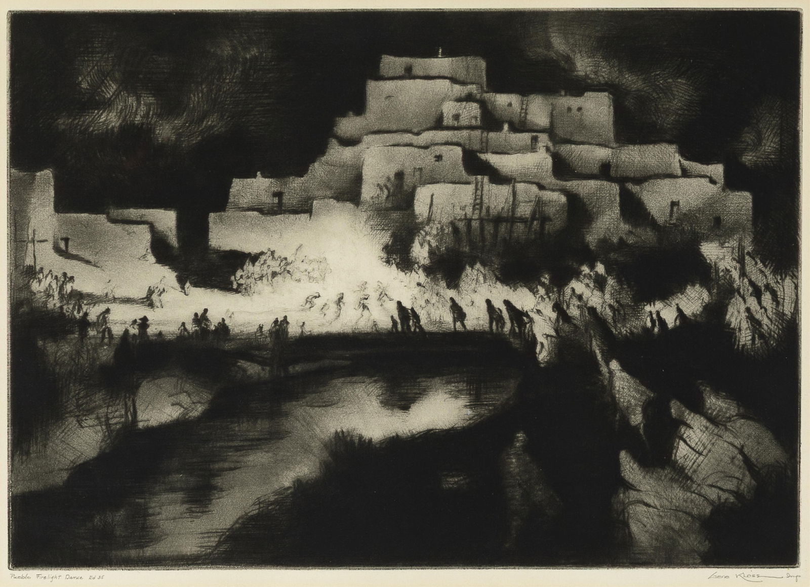 Gene Kloss, Pueblo Firelight Dance, 1952: Gene Kloss 1903 - 1996 Pueblo Firelight Dance, 1952 etching, edition of 35 titled and editioned lower left: Pueblo Firelight Dance Ed 35 signed lower right: Gene KLoss Imp 11 3/4 x 16 1/2 in. (29.8 x