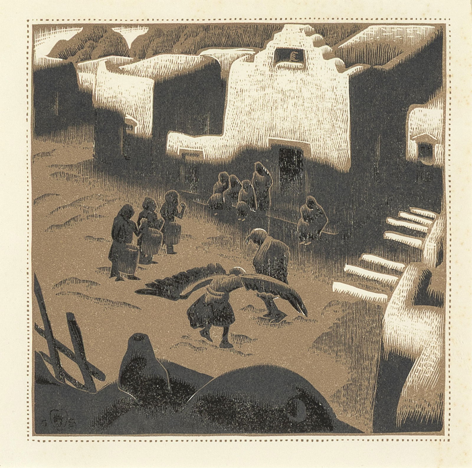 Gustave Baumann, An Eagle Ceremony at Tesuque Pueblo, 1932: Gustave Baumann1881 - 1971An Eagle Ceremony at Tesuque Pueblo, 1932woodcut6 1/2 x 6 1/2 in. (16.5 x 16.5 cm.), frame: 15 1/8 x 13 3/4 x 1 in. (38.4 x 34.9 x 2.5 cm.) Private Collection, New Mexico