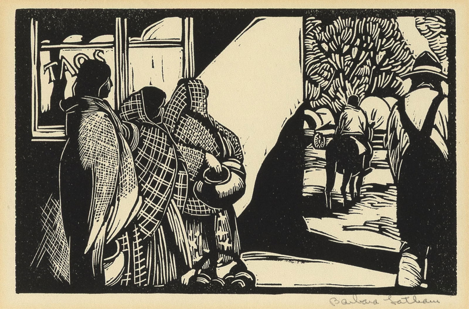 Barbara Latham, Taos Plaza: Barbara Latham 1896 - 1989 Taos Plaza woodcut signed lower right: Barbara Latham 4 3/4 x 6 3/4 in. (12.1 x 17.1 cm.), frame: 10 3/4 x 12 3/4 x 3/4 in. (27.3 x 32.4 x 1.9 cm.) Private Collection,