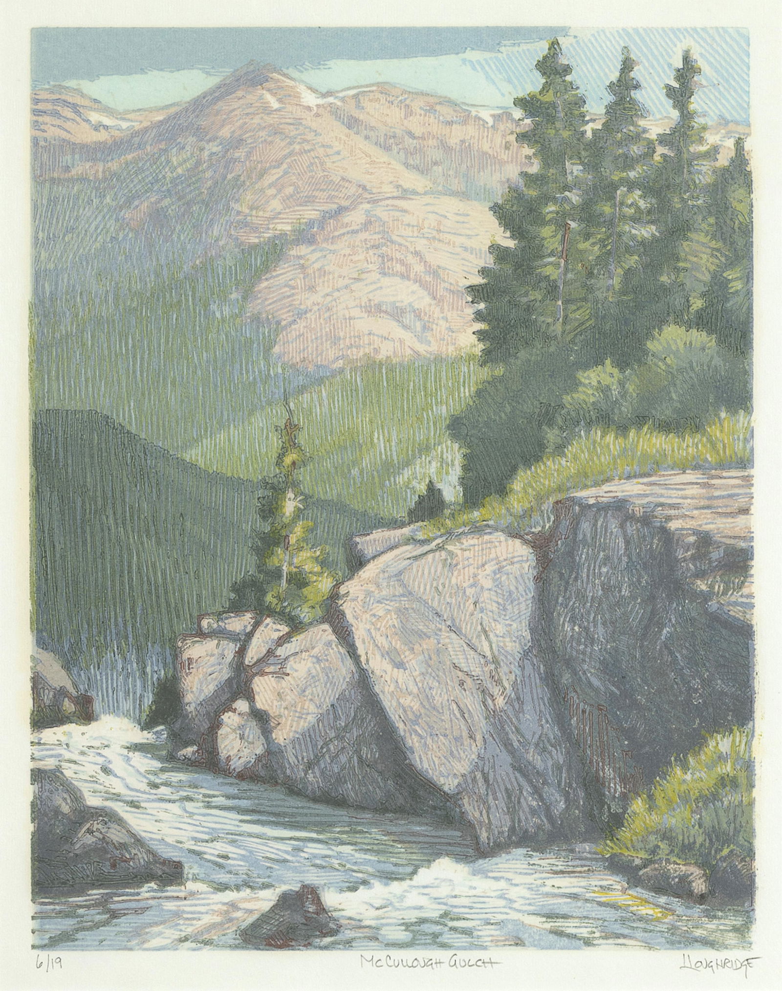 Leon Loughridge, McCullough Gulch: Leon Loughridge b. 1952 McCullough Gulch woodcut, edition 6 of 19 editioned lower left: 6/19 titled lower center: McCuLLOUGH GULCH signed lower right: LLOUGHRIDGE 15 1/8 x 11 7/8 in. (38.4 x 30.2