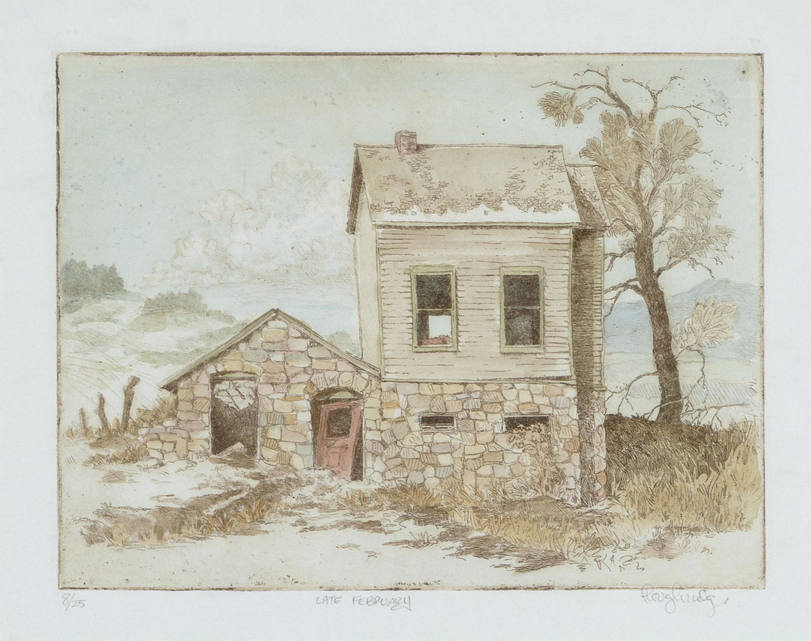 Leon Loughridge, Late February: Leon Loughridge b. 1952 Late February woodcut, edition 8 of 25 editioned lower left: 8/25 titled lower center: LATE FEBRUARY signed lower right: Loughridge 8 1/4 x 10 1/2 in. (21 x 26.7 cm.), frame: