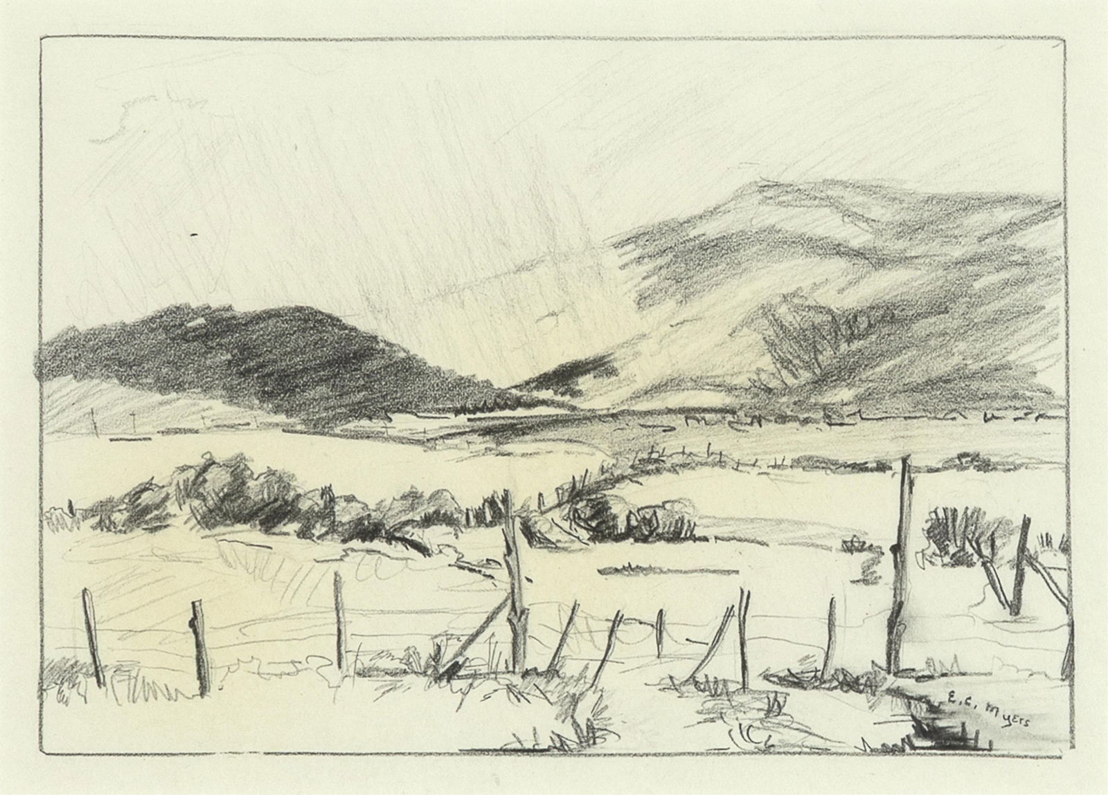 E. C. Myers, Distant Rain: E. C. Myers 20th Century Distant Rain graphite on paper signed lower right: E. C. MyErs 5 3/4 x 8 1/8 in. (14.6 x 20.6 cm.), sight: 6 1/2 x 9 in. (16.5 x 22.9 cm.), frame: 13 1/2 x 15 3/4 x 1 1/4 in.